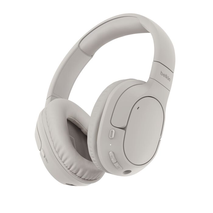 Belkin SoundForm bezdrátová bluetooth sluchátka béžové - konektory 3,5 mm jack a USB-C