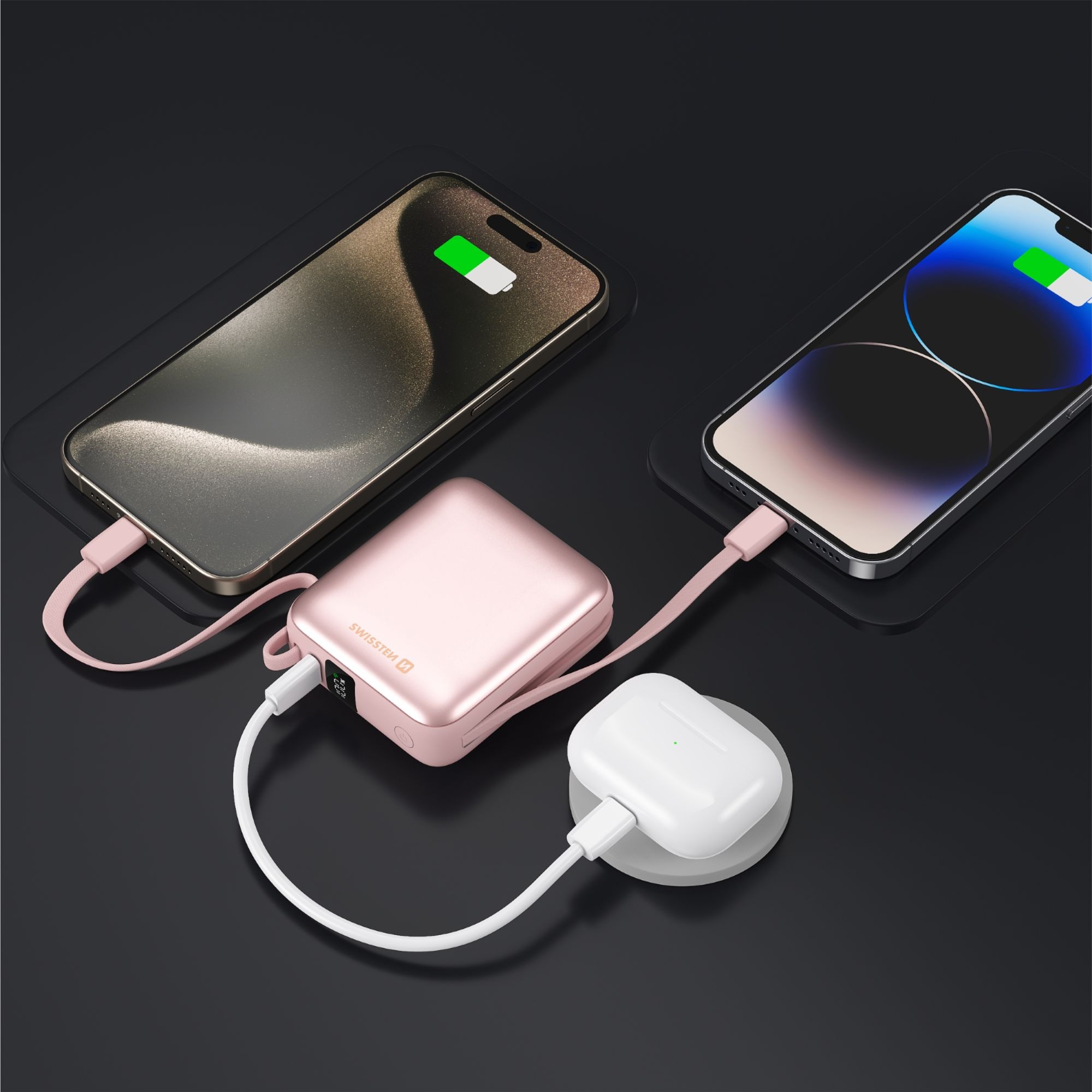 Swissten Powerbanka 10 000 mAh 22,5 W s vestavěným USB-C a lightning kabelem růžová