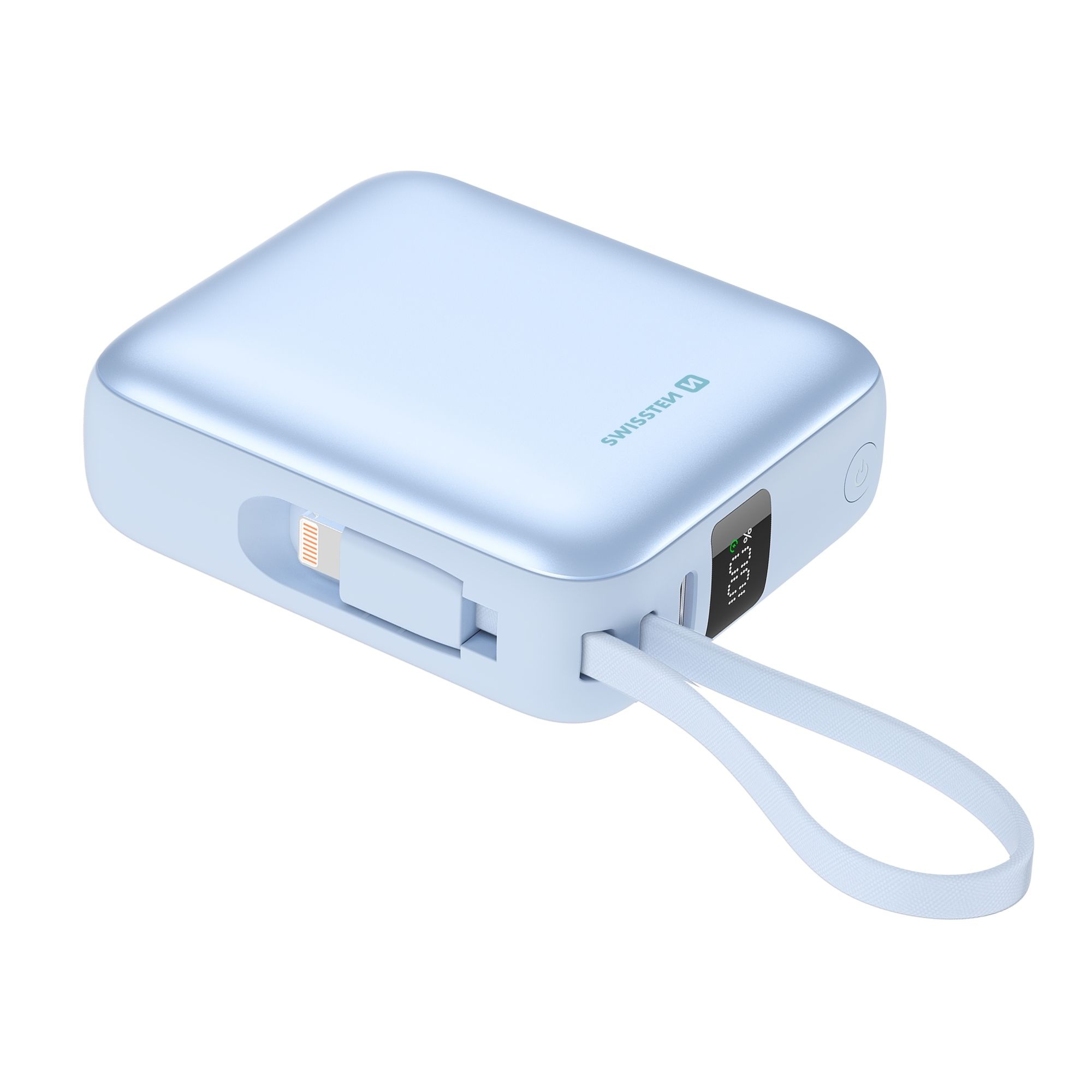 Swissten Powerbanka 10 000 mAh 22,5 W s vestavěným USB-C a lightning kabelem modrá