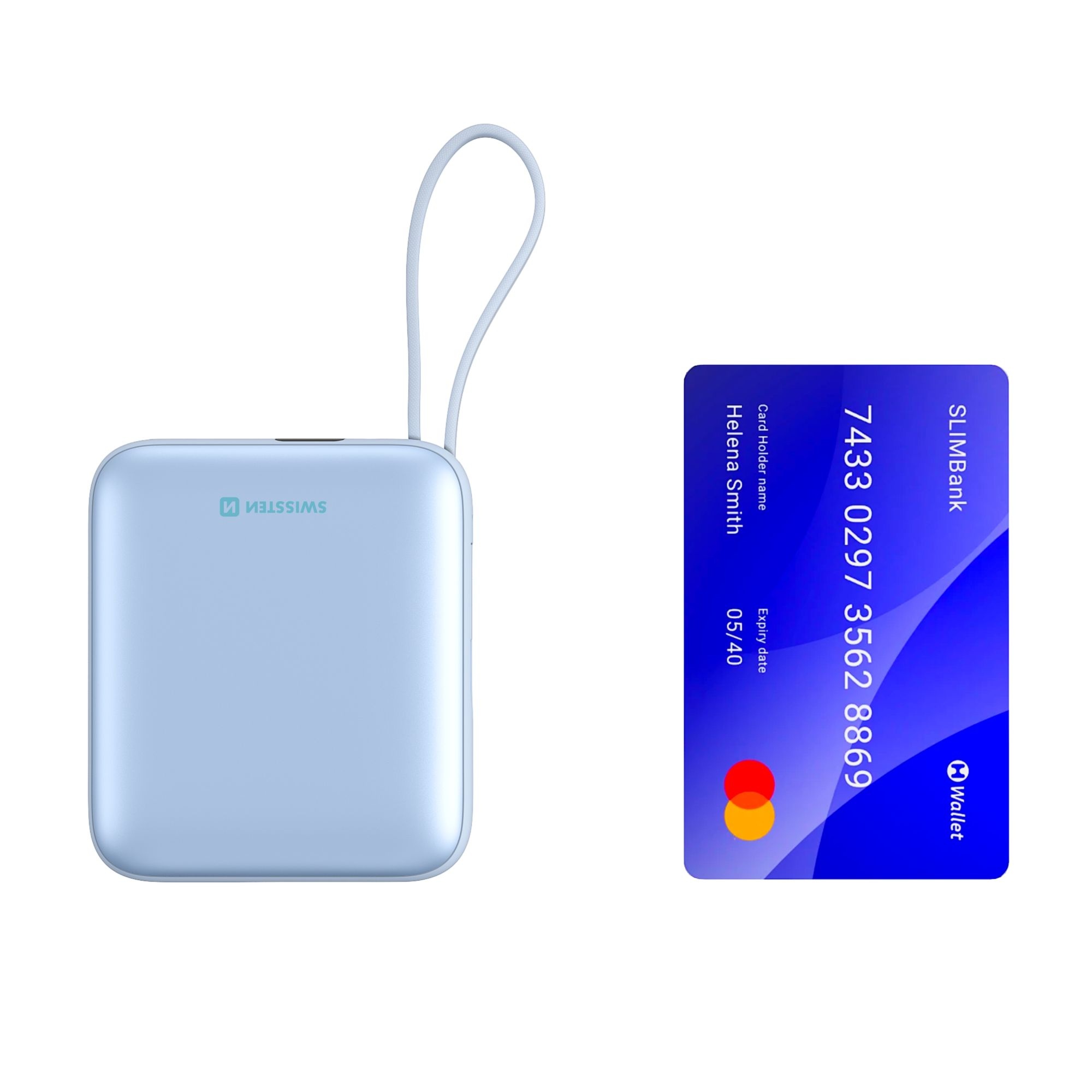 Swissten Powerbanka 10 000 mAh 22,5 W s vestavěným USB-C a lightning kabelem modrá