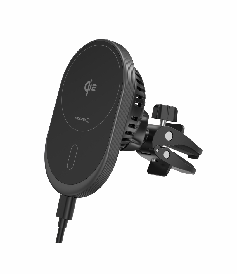 Swissten Magnetický držák na ventilační mřížku s bezdrátovým nabíjením - Magnetický držák s vysokým výkonem a kompatibilitou s MagSafe a Qi2 nabíjením (15W)