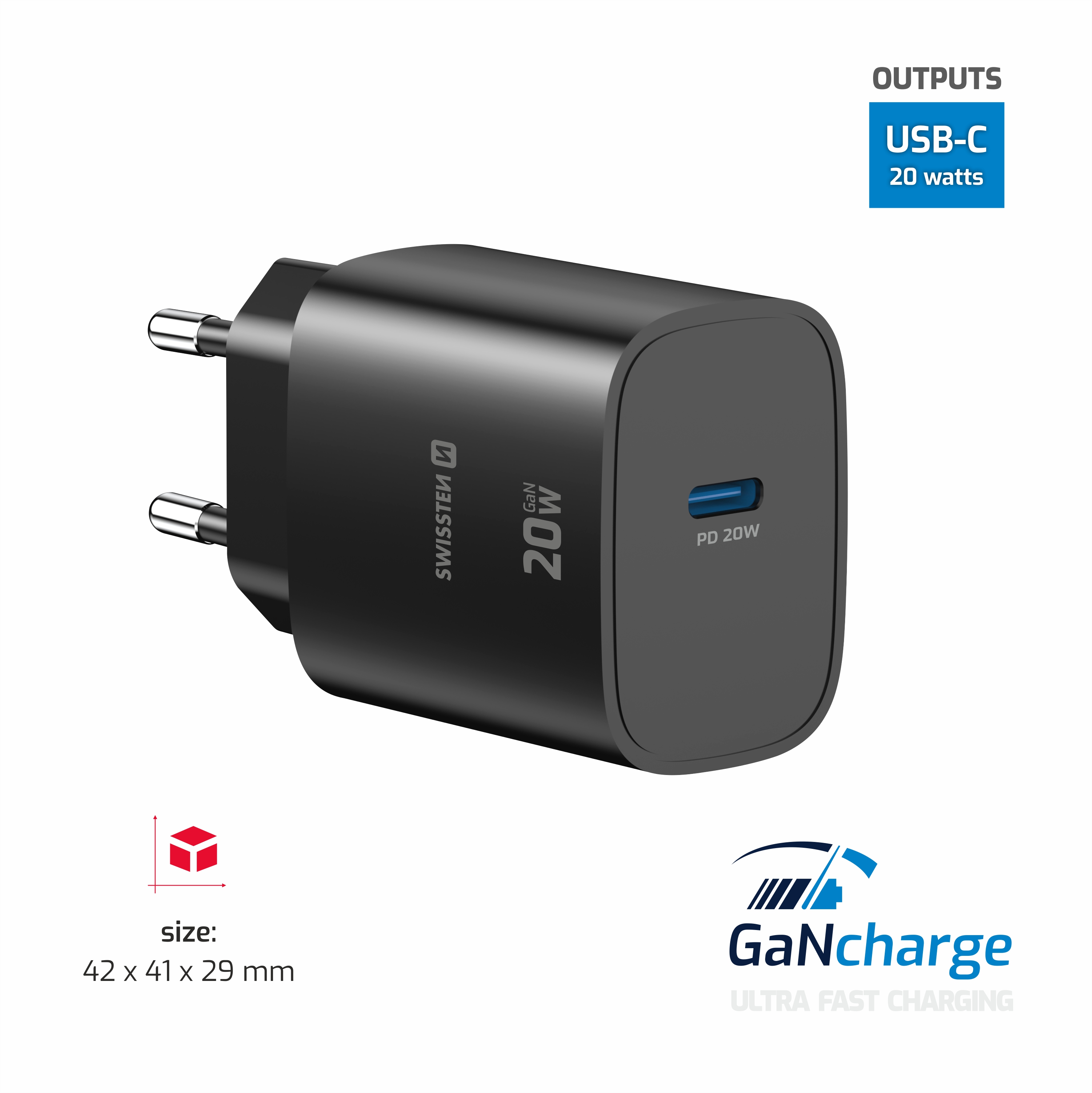 SWISSTEN GaN Síťová nabíječka 20W USB-C PD černy