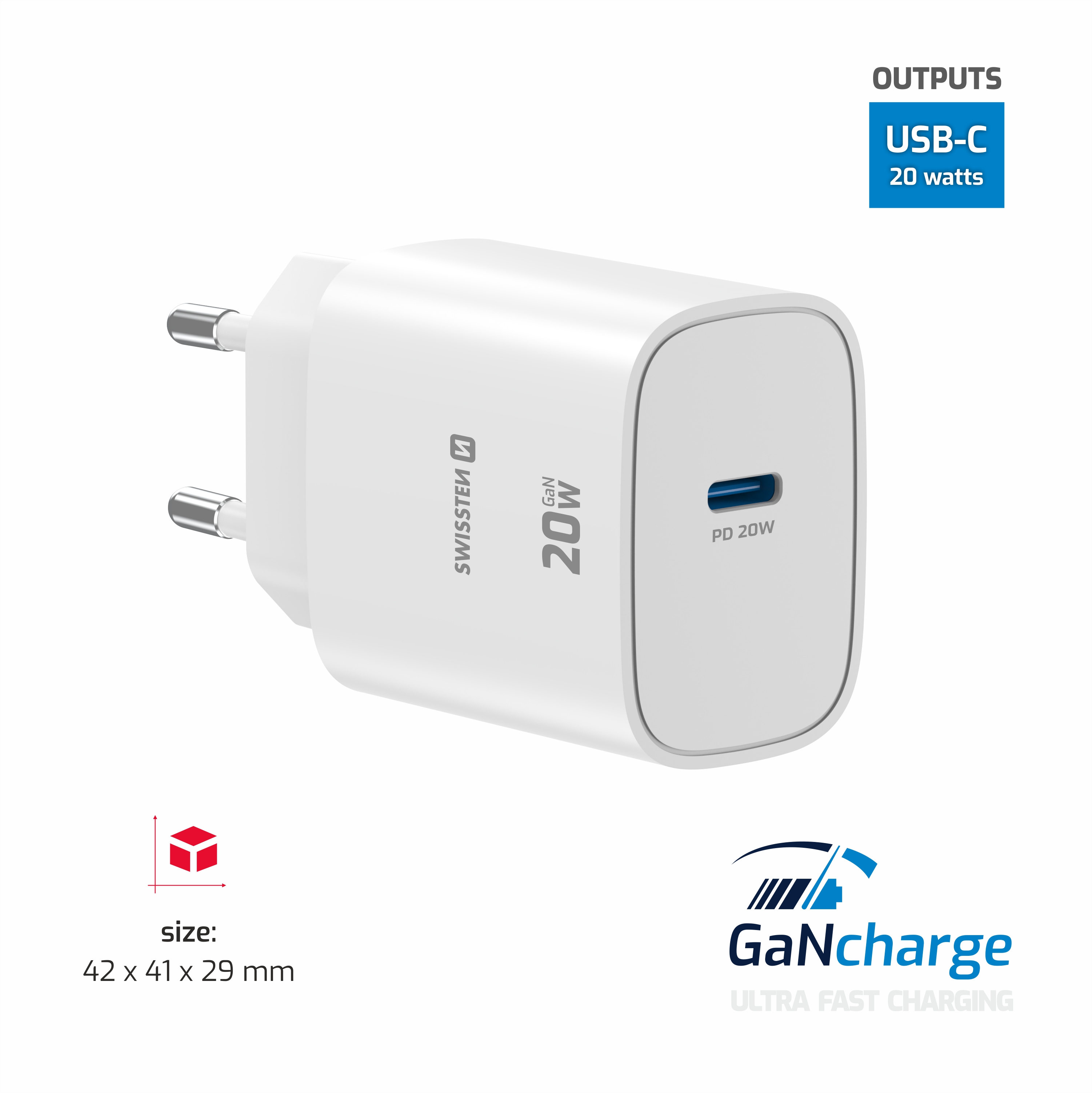 SWISSTEN GaN Síťová nabíječka 20W USB-C PD bílá