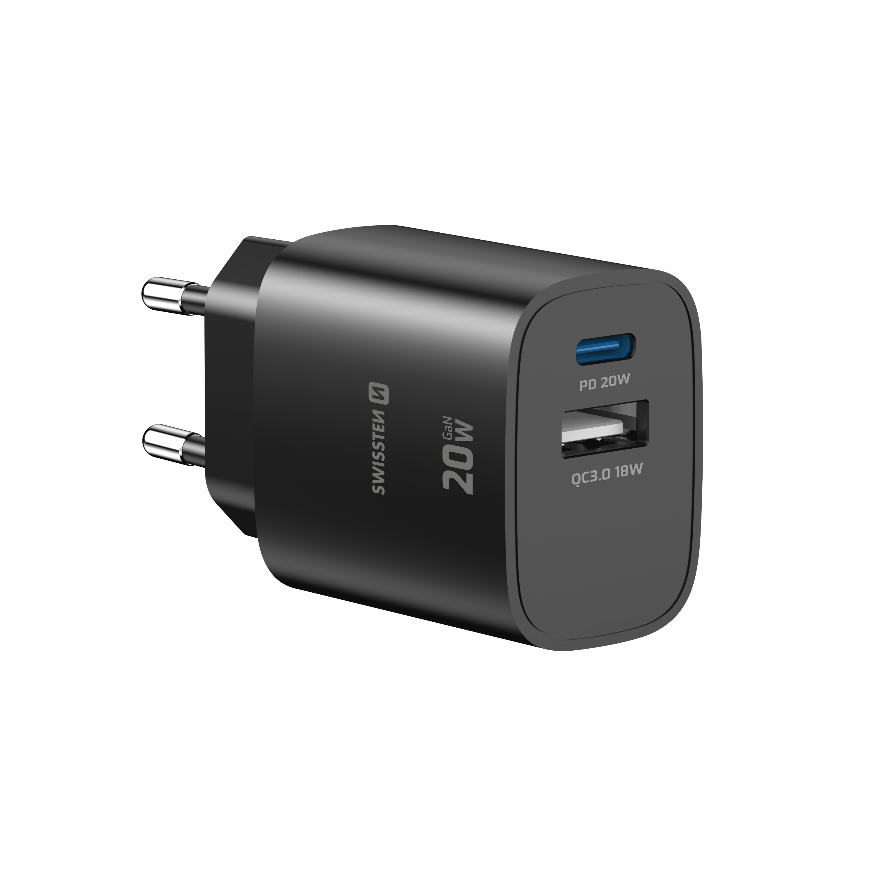 SWISSTEN GaN Síťová nabíječka USB-C 20W PD + USB-A 18W černy