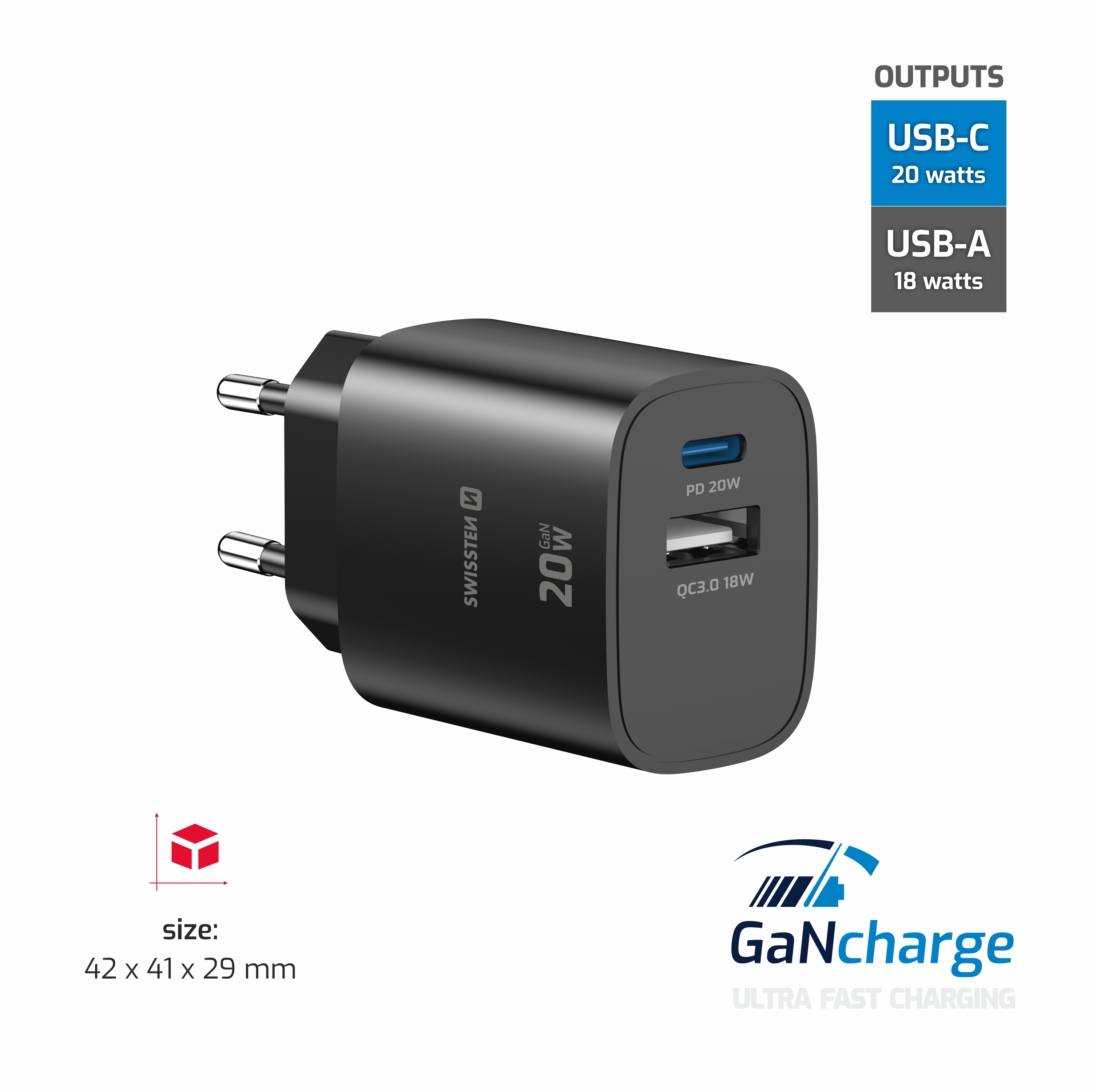 SWISSTEN GaN Síťová nabíječka USB-C 20W PD + USB-A 18W černy