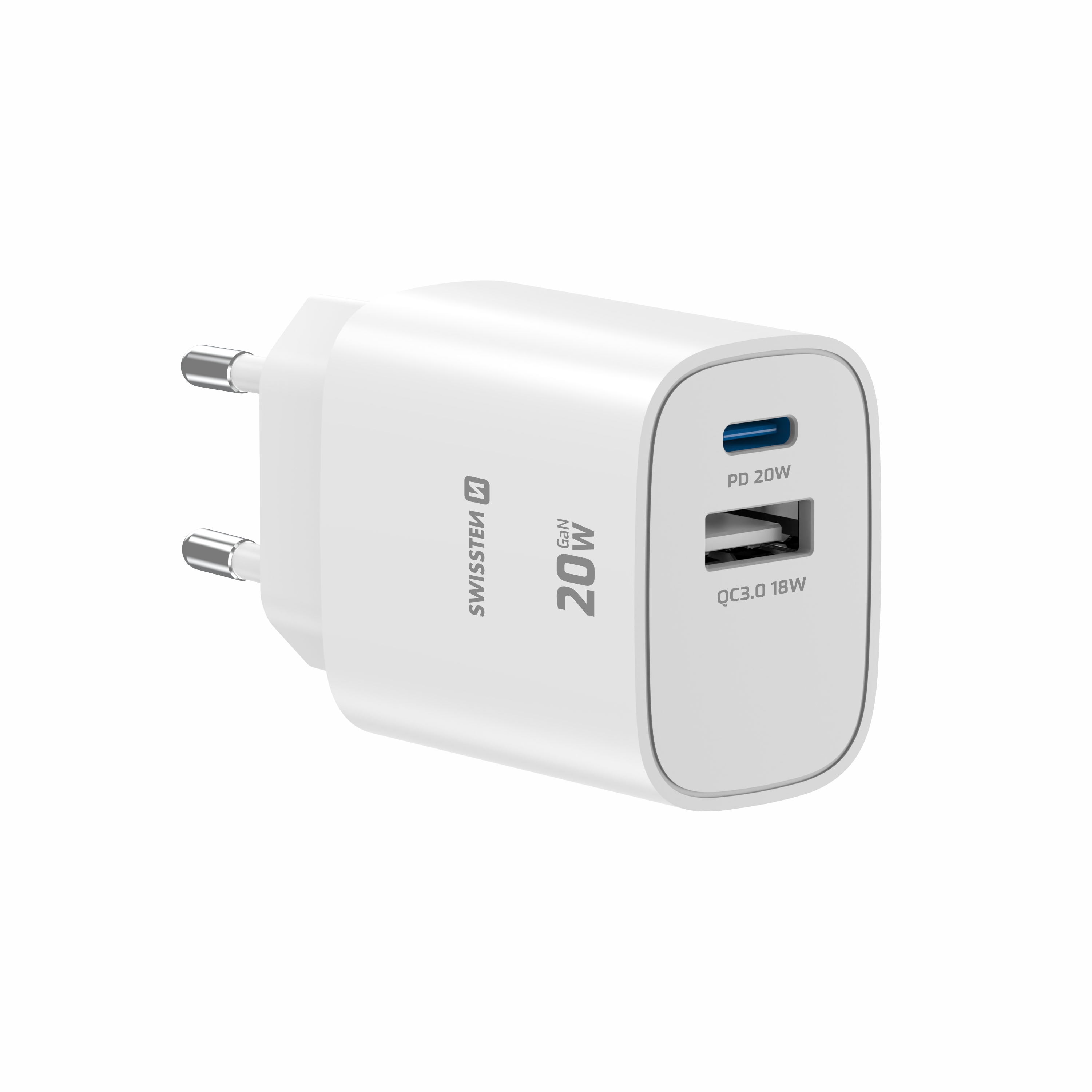 SWISSTEN GaN Síťová nabíječka USB-C 20W PD + USB-A 18W bílá