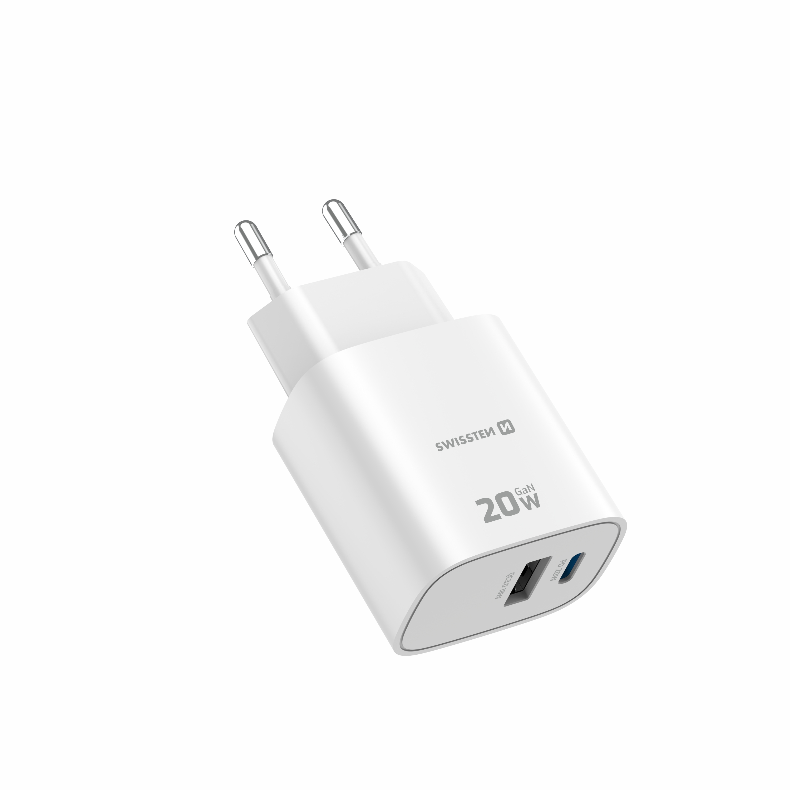 SWISSTEN GaN Síťová nabíječka USB-C 20W PD + USB-A 18W bílá