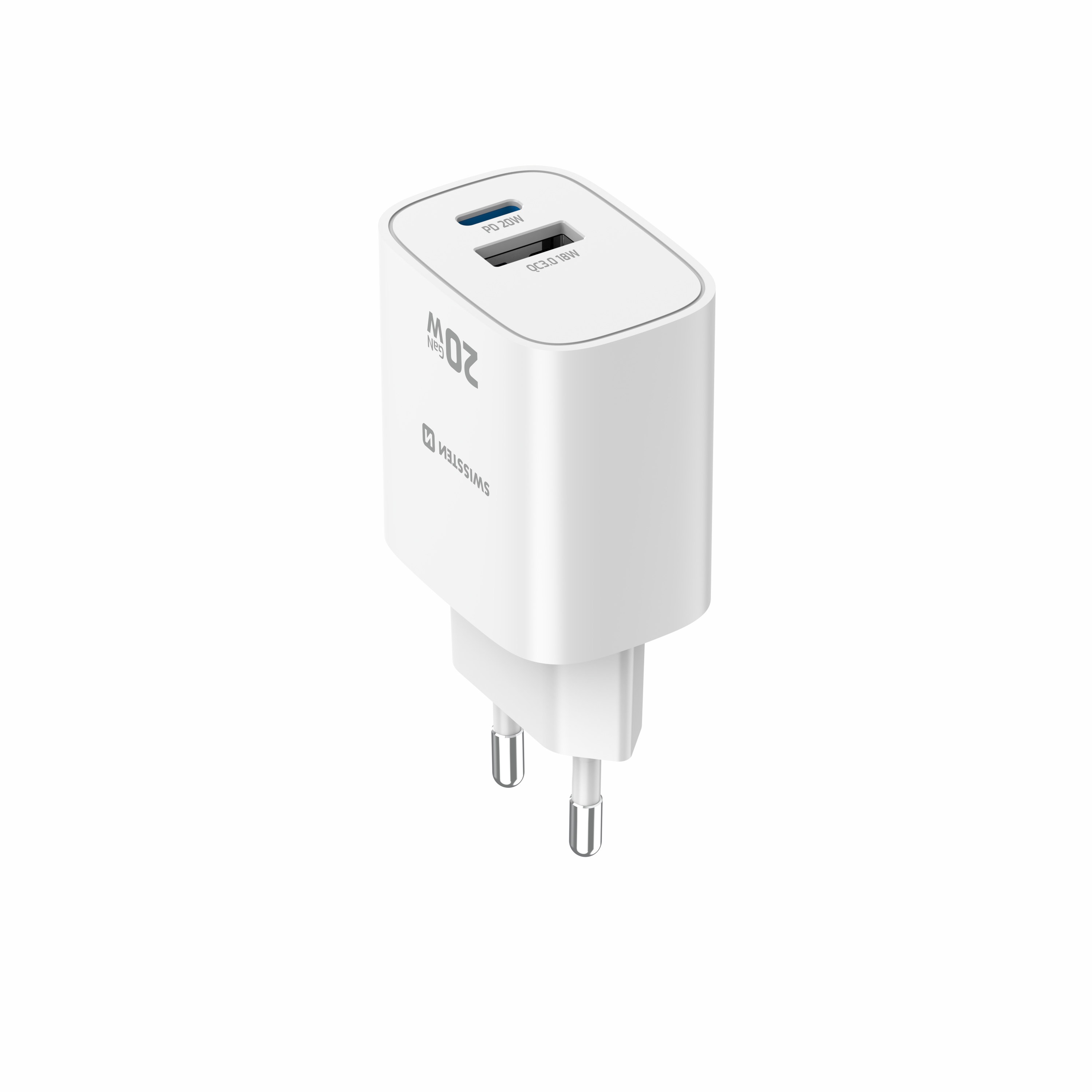 SWISSTEN GaN Síťová nabíječka USB-C 20W PD + USB-A 18W bílá