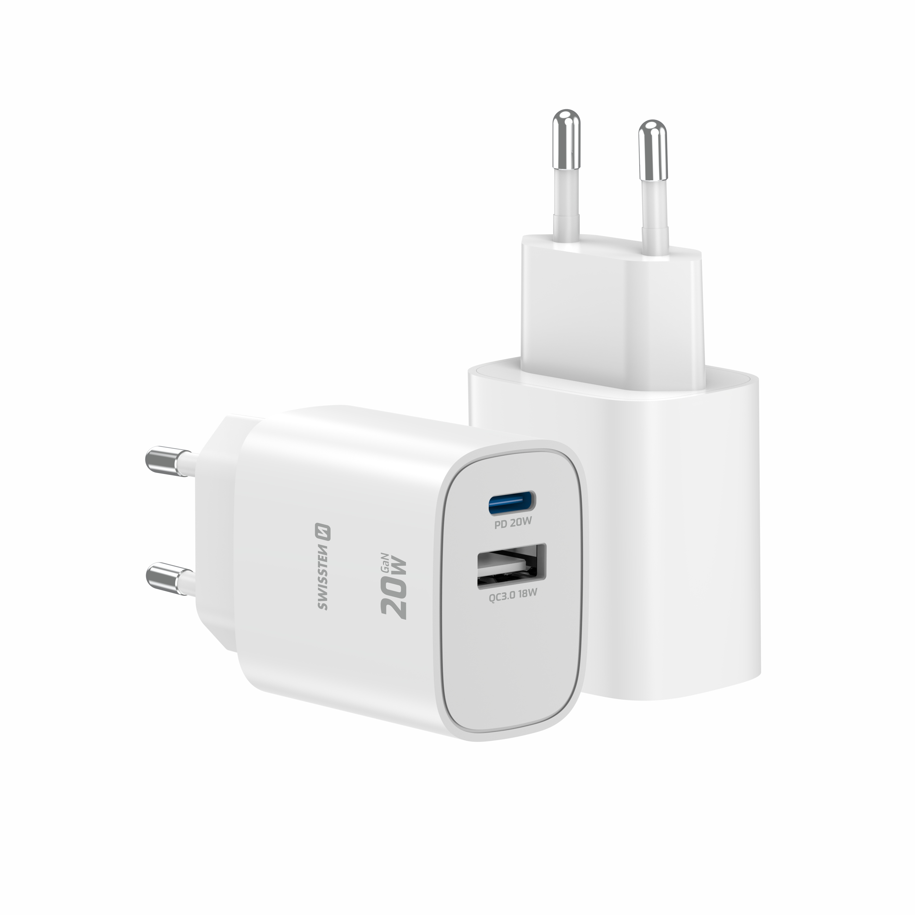 SWISSTEN GaN Síťová nabíječka USB-C 20W PD + USB-A 18W bílá