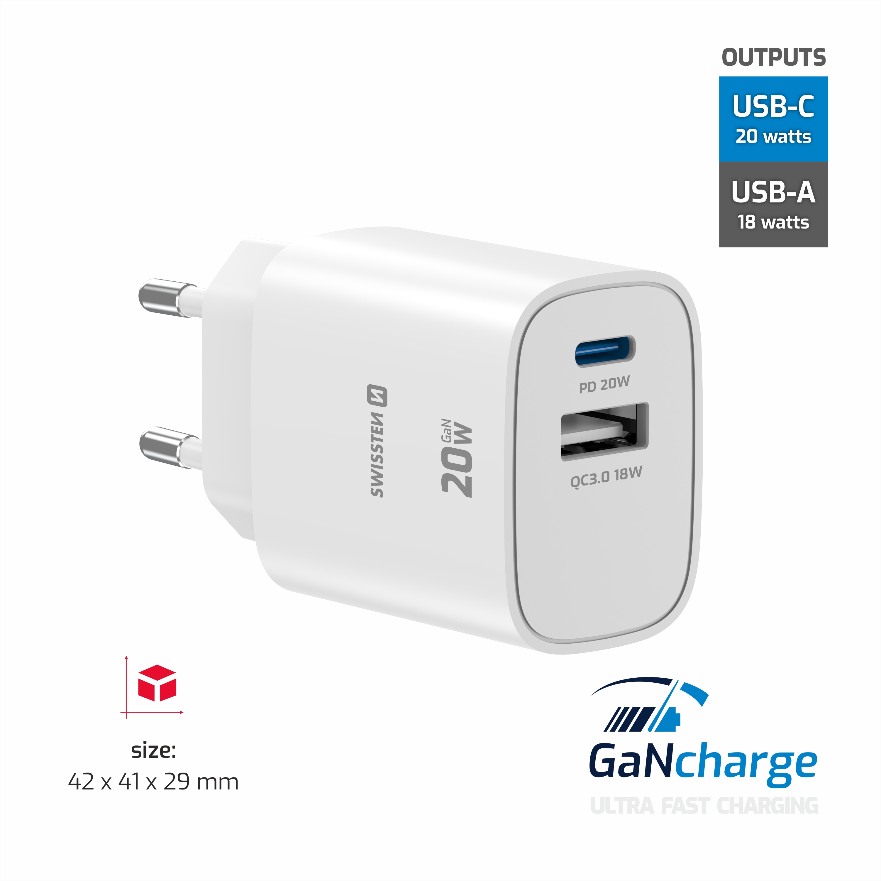 SWISSTEN GaN Síťová nabíječka USB-C 20W PD + USB-A 18W bílá