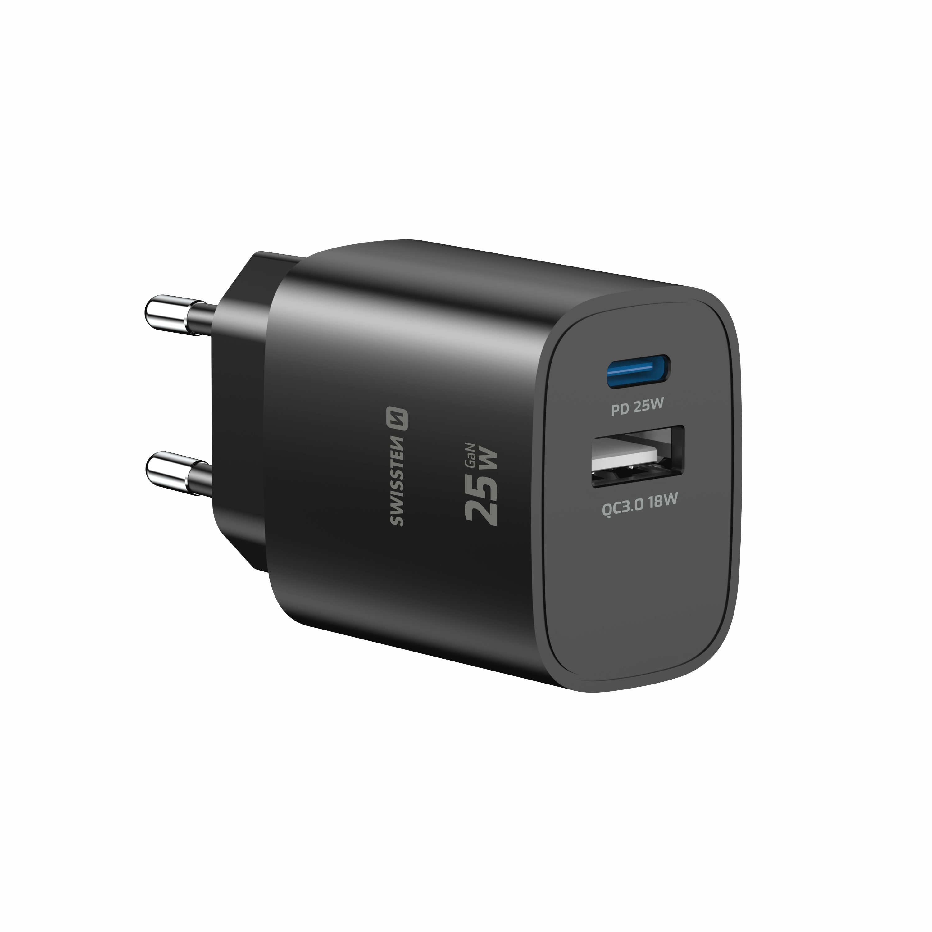 SWISSTEN GaN Síťová nabíječka USB-C 25W PD + USB-A 18W černy