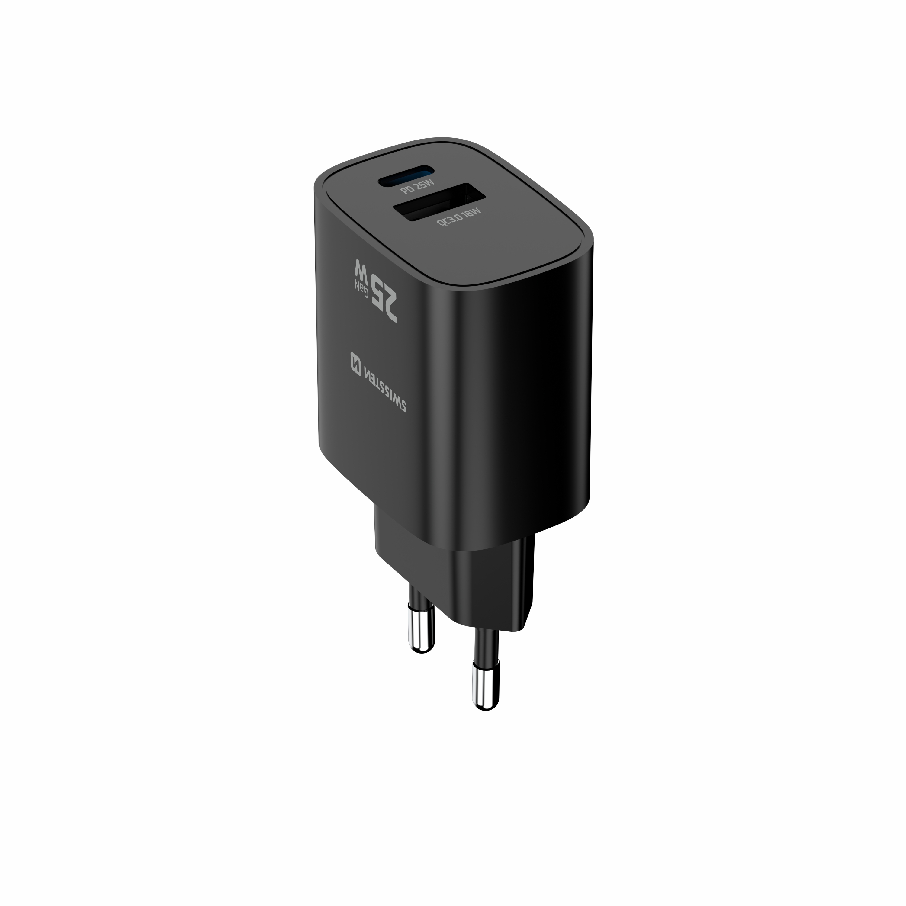 SWISSTEN GaN Síťová nabíječka USB-C 25W PD + USB-A 18W černy