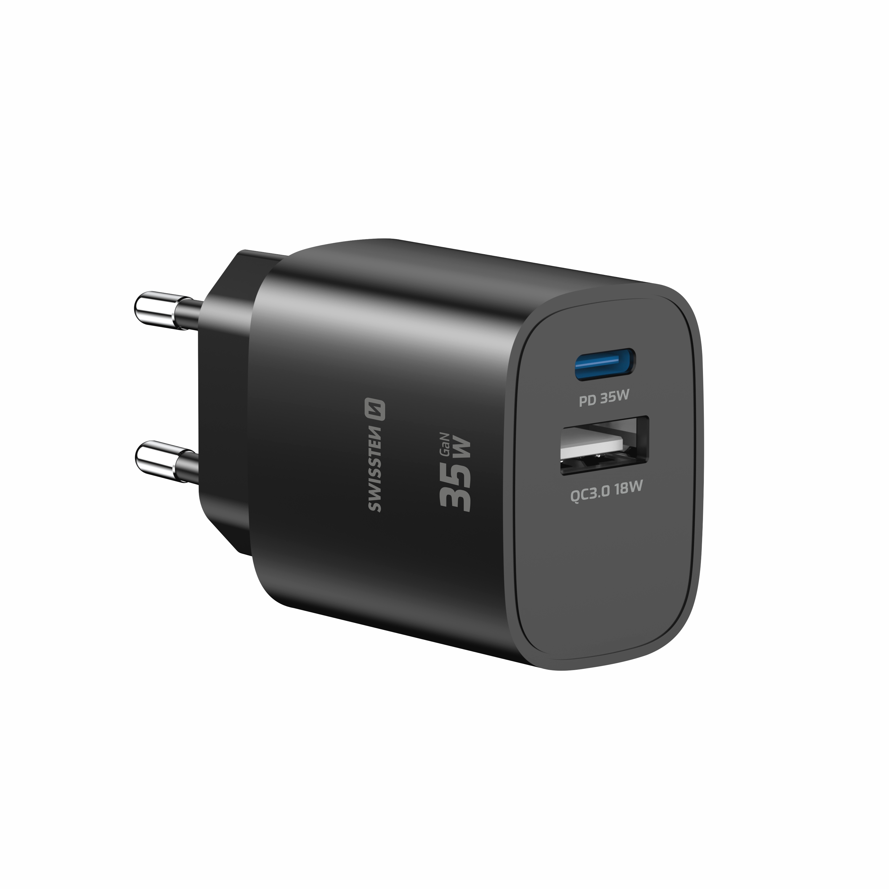 SWISSTEN GaN Síťová nabíječka USB-C 35W PD + USB-A 18W černy