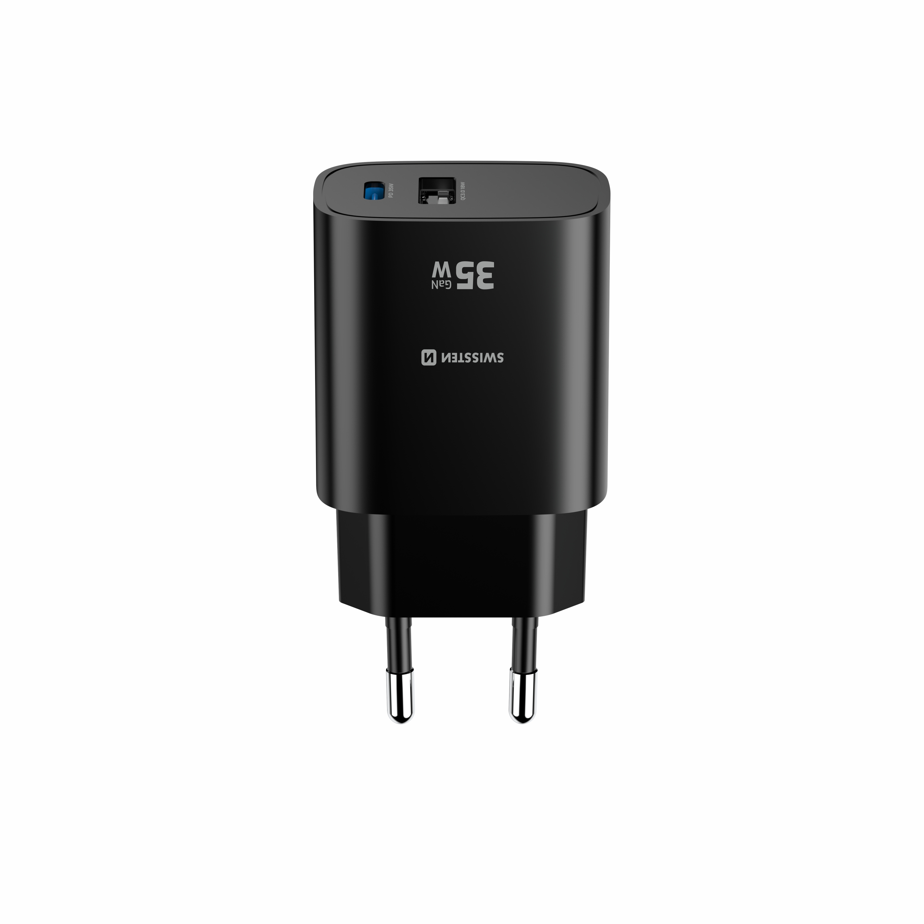 SWISSTEN GaN Síťová nabíječka USB-C 35W PD + USB-A 18W černy