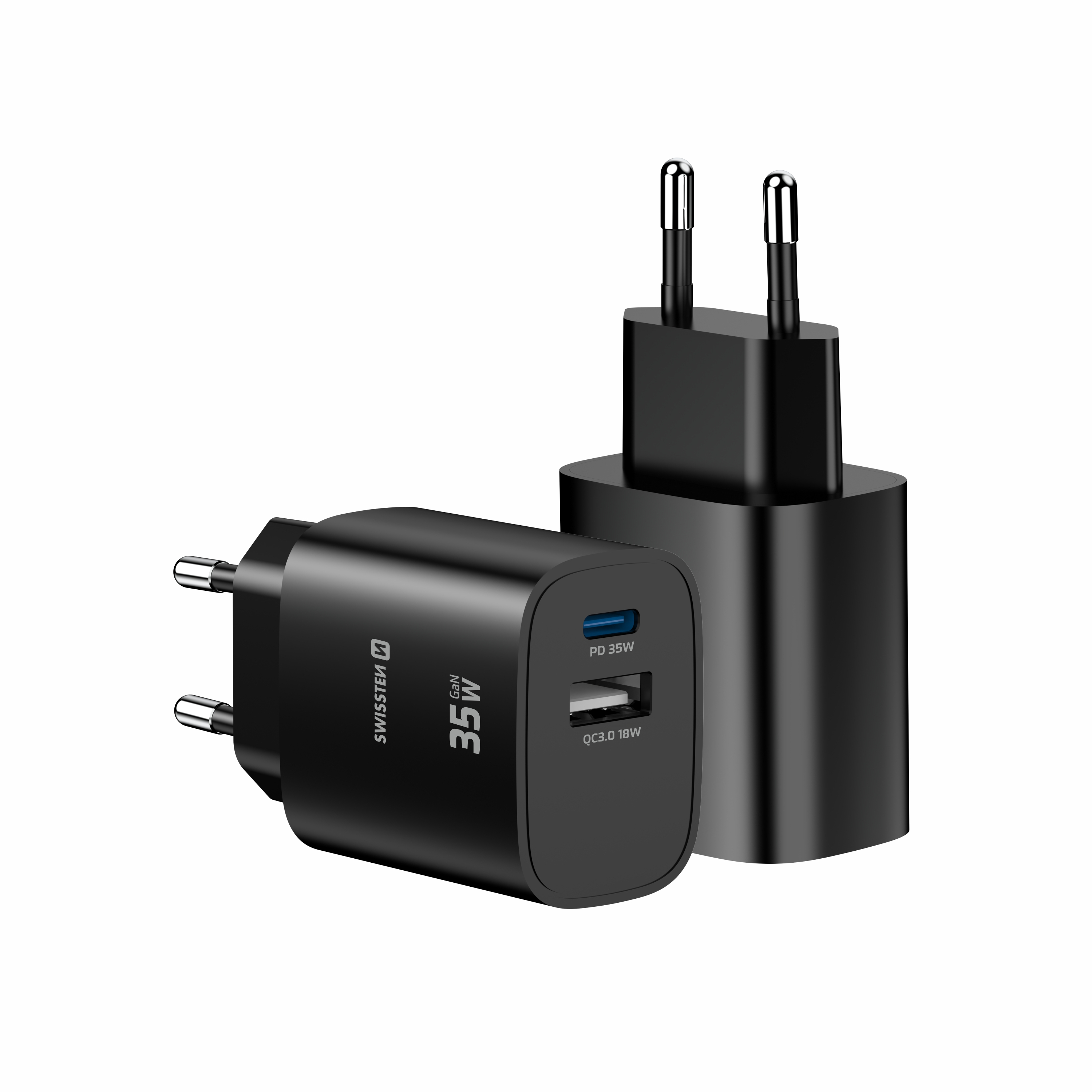 SWISSTEN GaN Síťová nabíječka USB-C 35W PD + USB-A 18W černy