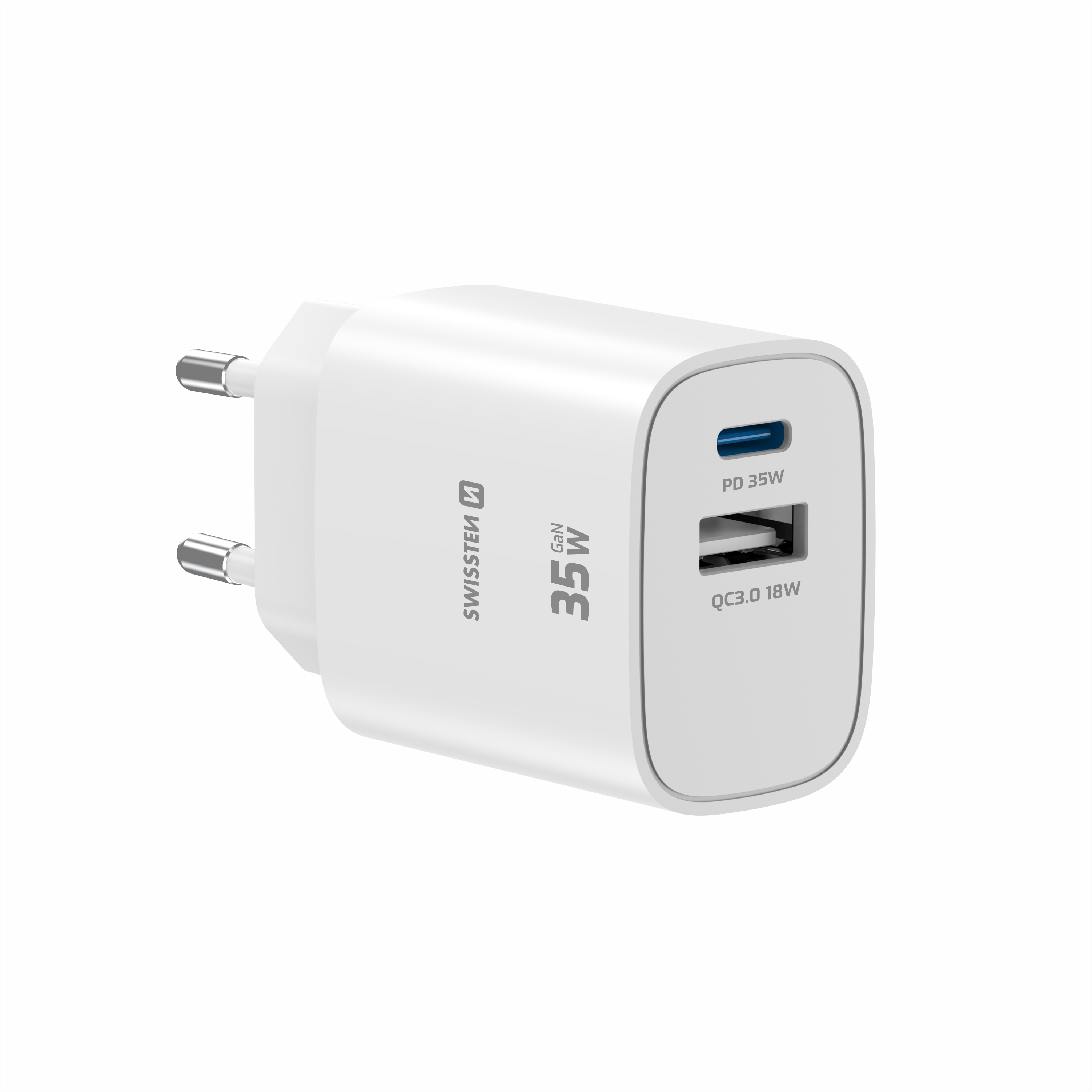 SWISSTEN GaN Síťová nabíječka USB-C 35W PD + USB-A 18W bílá