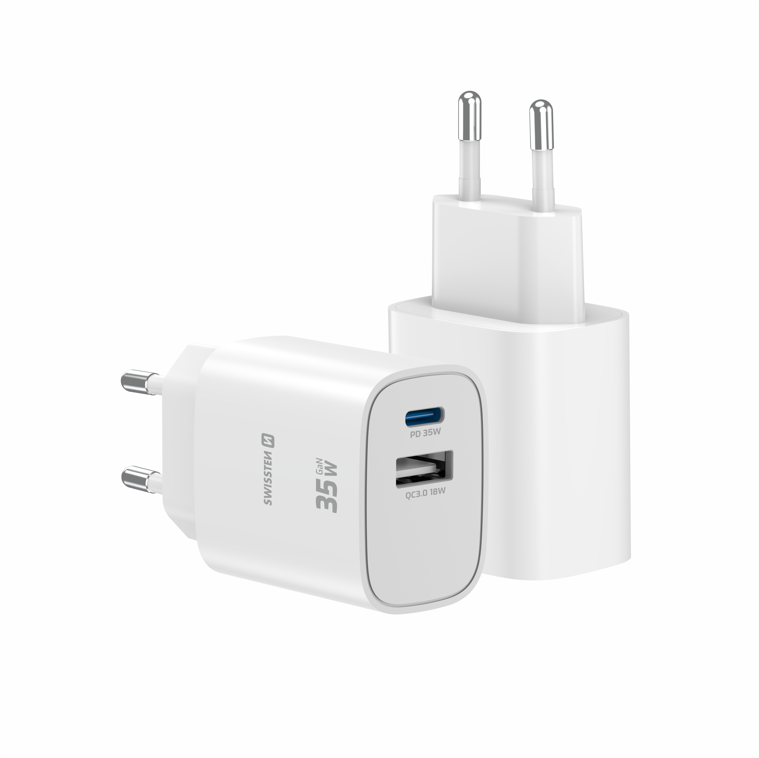SWISSTEN GaN Síťová nabíječka USB-C 35W PD + USB-A 18W bílá