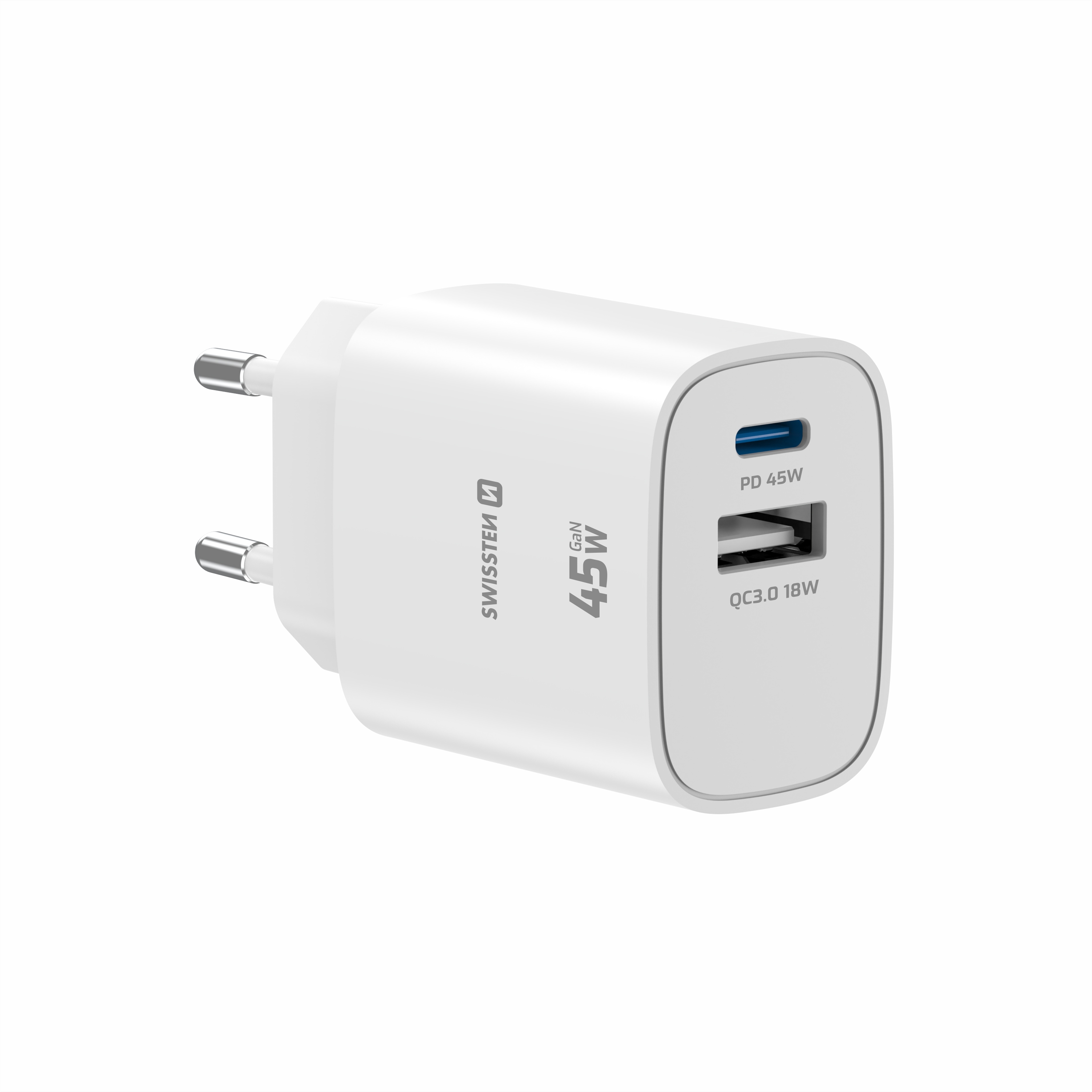 SWISSTEN GaN Síťová nabíječka USB-C 45W PD + USB-A 18W bílá
