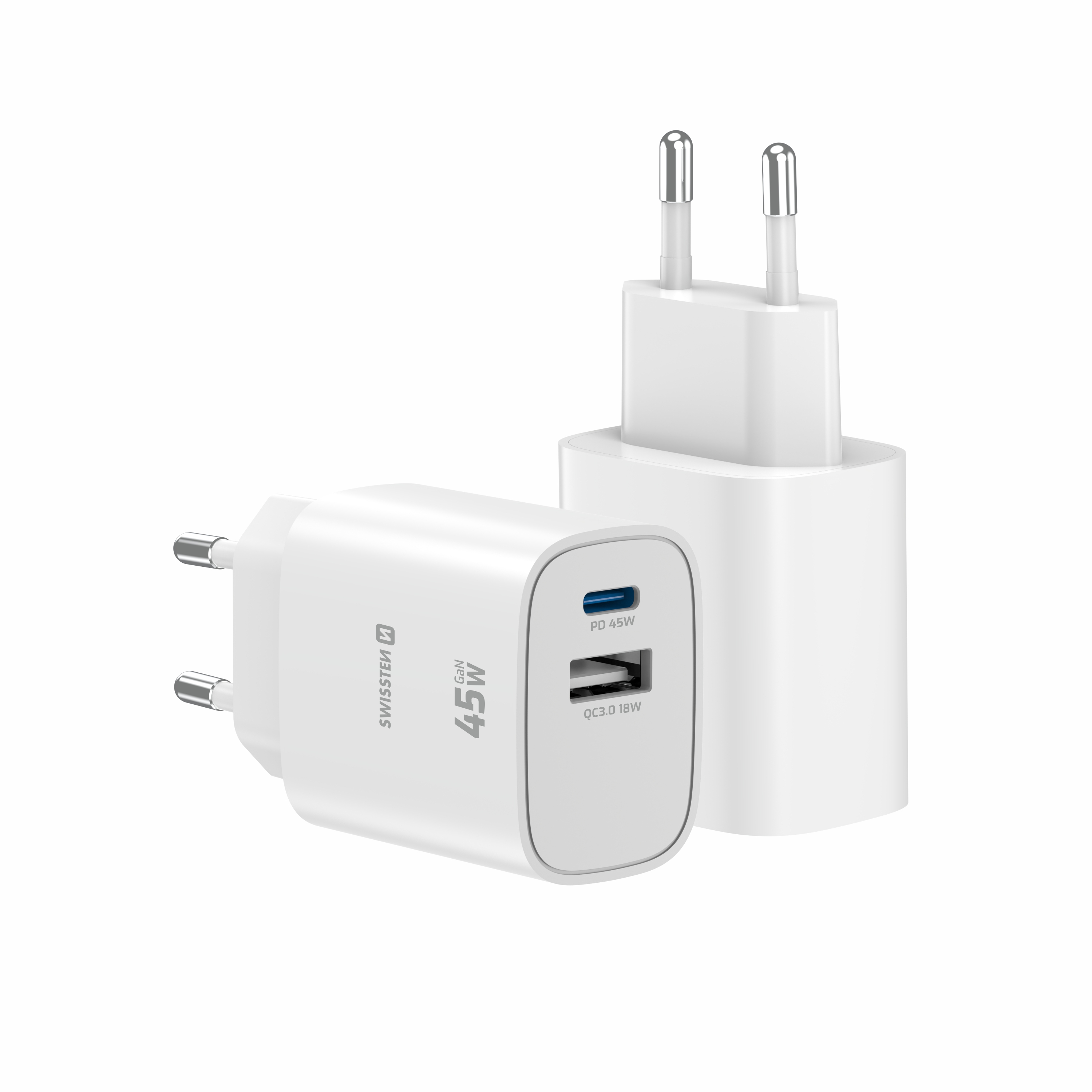 SWISSTEN GaN Síťová nabíječka USB-C 45W PD + USB-A 18W bílá