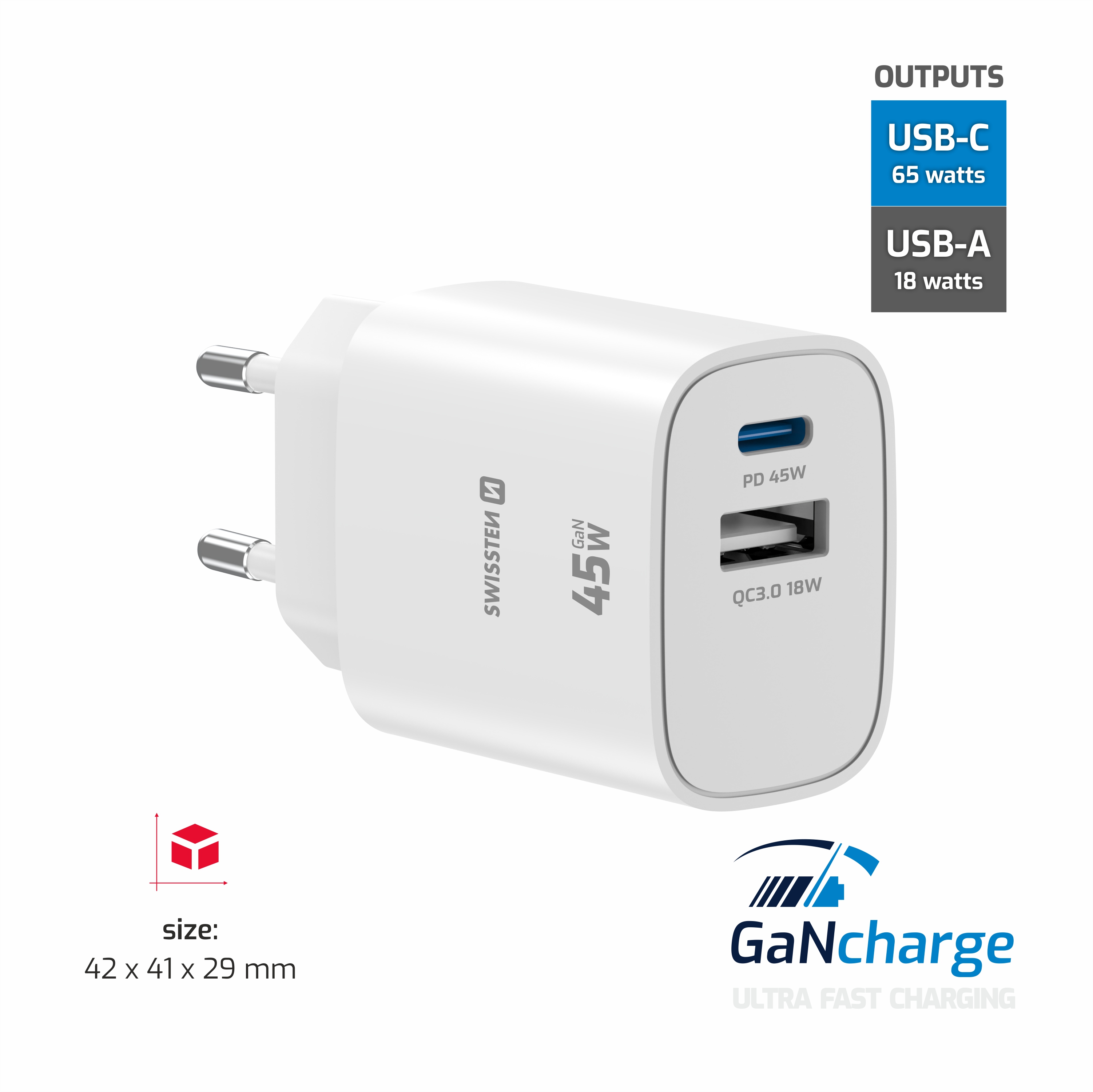SWISSTEN GaN Síťová nabíječka USB-C 45W PD + USB-A 18W bílá