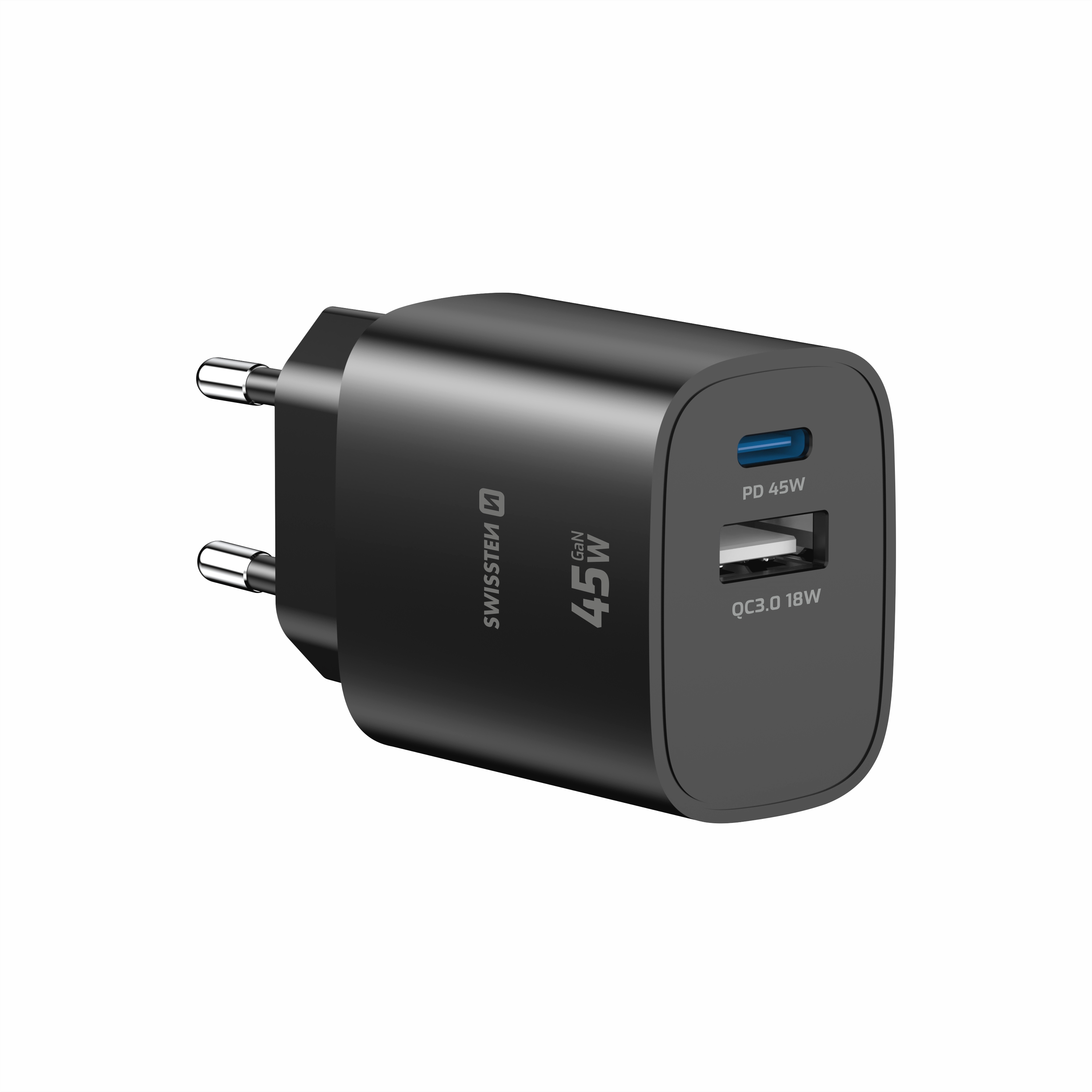SWISSTEN GaN Síťová nabíječka USB-C 45W PD + USB-A 18W černá