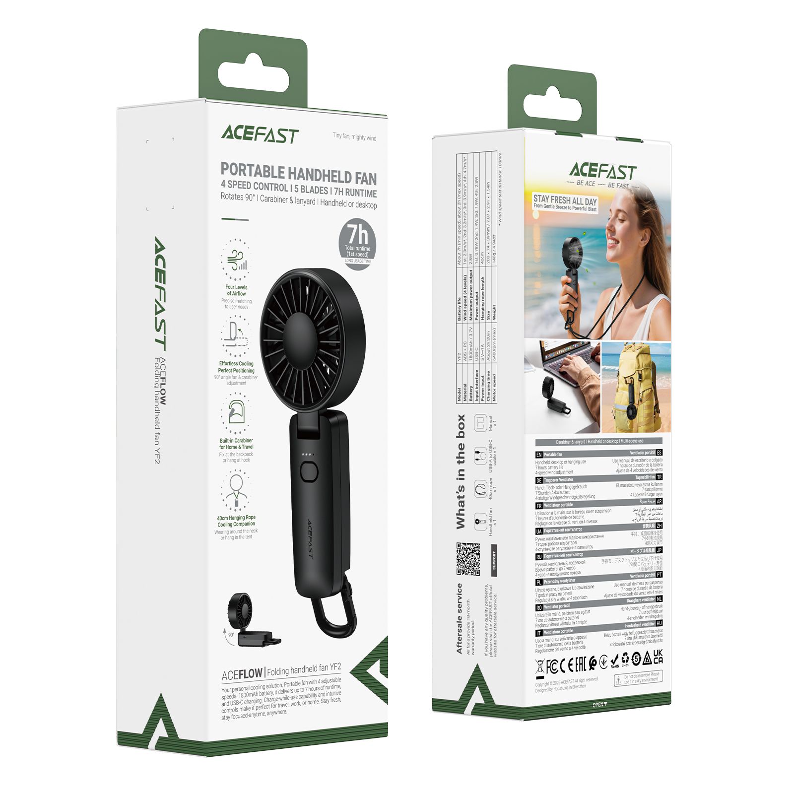 Acefast YF2 Přenosný ventilátor skládací ruční foukač 1800 mAh 6400 ot./min