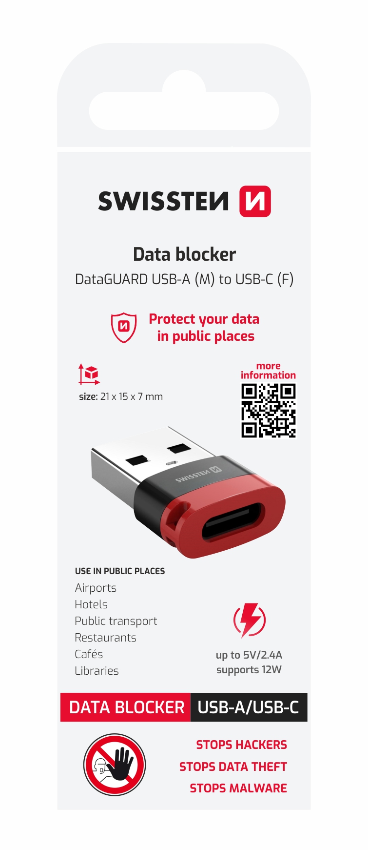 SWISSTEN DataGuard nabíjecí adaptér s blokací dat USB-A - USB-C černý