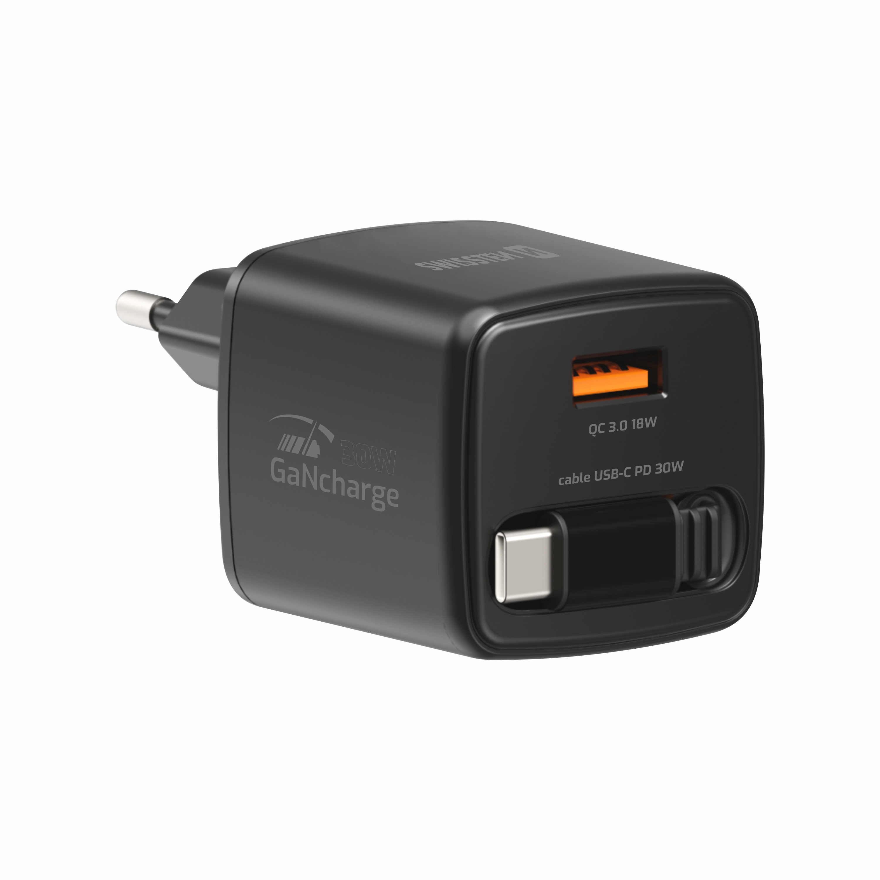 SWISSTEN Síťová nabíječka SlideCharge GaN 30W + USB-A 18W s výsuvným USB-C kabelem 0,75 m černá
