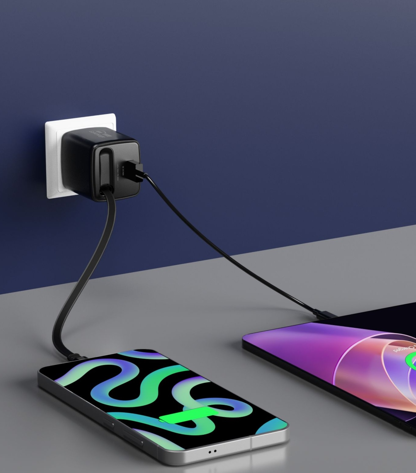 SWISSTEN Síťová nabíječka SlideCharge GaN 30W + USB-A 18W s výsuvným USB-C kabelem 0,75 m černá