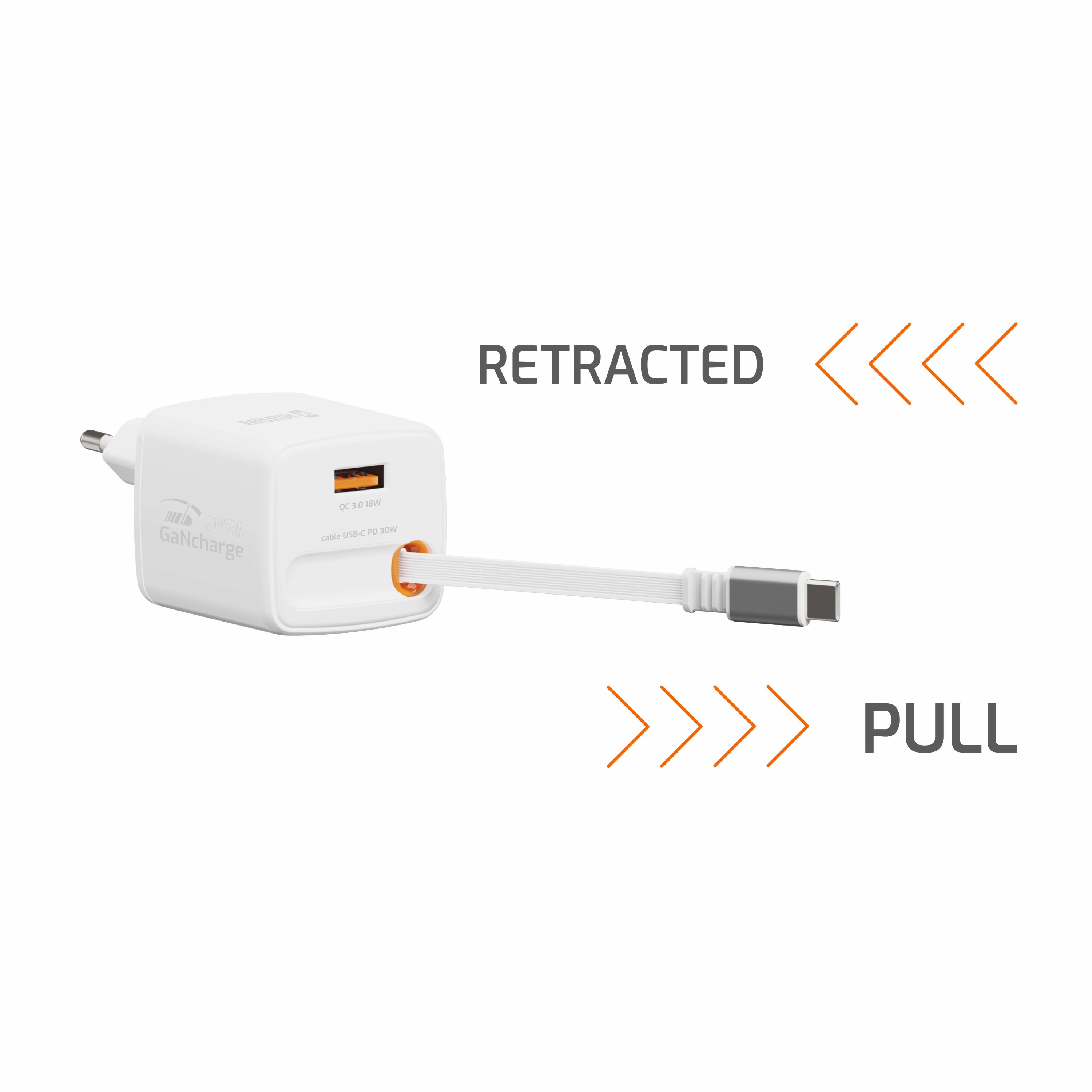 SWISSTEN Síťová nabíječka SlideCharge GaN 30W + USB-A 18W s výsuvným USB-C kabelem 0,75 m bílá