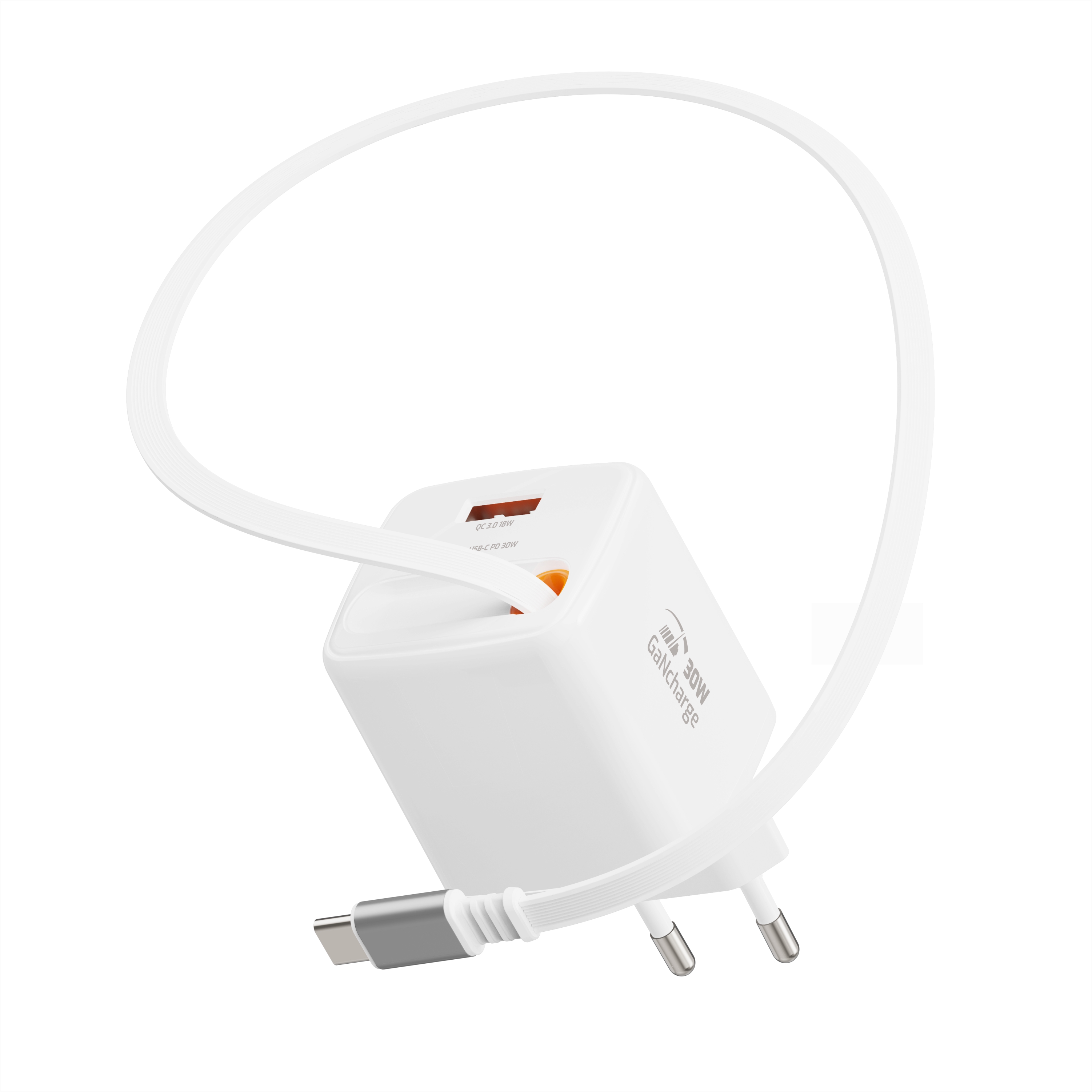 SWISSTEN Síťová nabíječka SlideCharge GaN 30W + USB-A 18W s výsuvným USB-C kabelem 0,75 m bílá