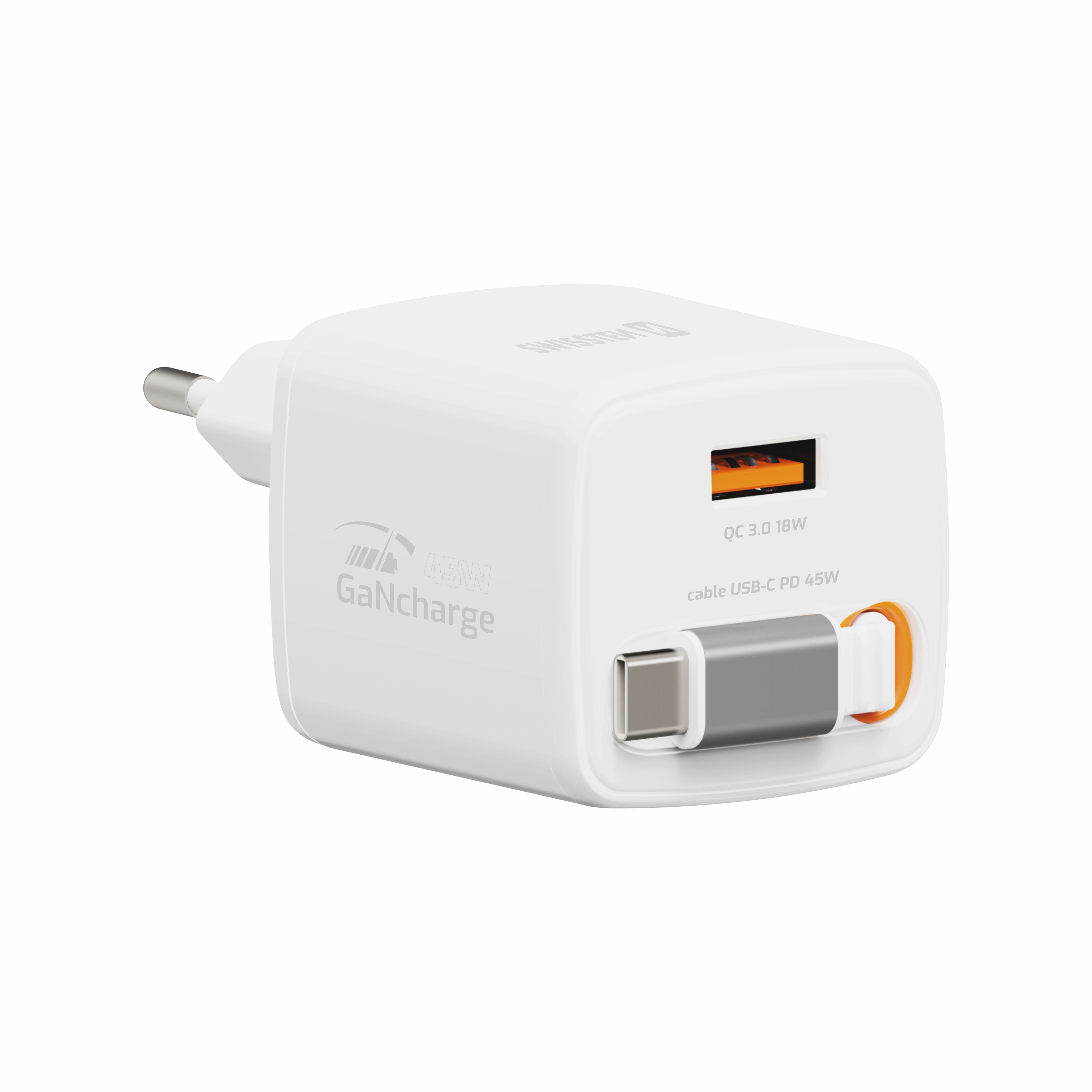 SWISSTEN Síťová nabíječka SlideCharge GaN 45W + USB-A 18W s výsuvným USB-C kabelem 0,75m bílá