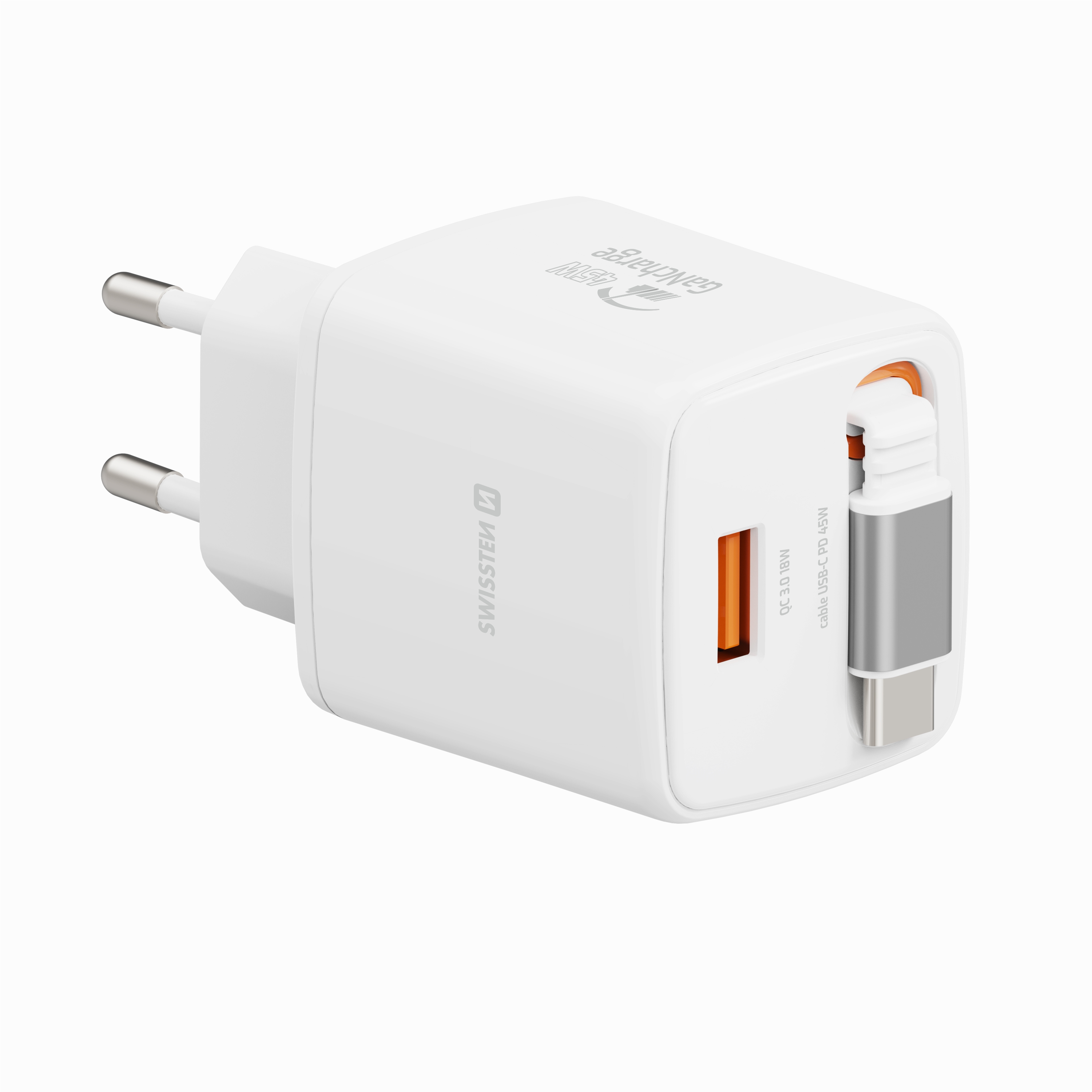 SWISSTEN Síťová nabíječka SlideCharge GaN 45W + USB-A 18W s výsuvným USB-C kabelem 0,75m bílá