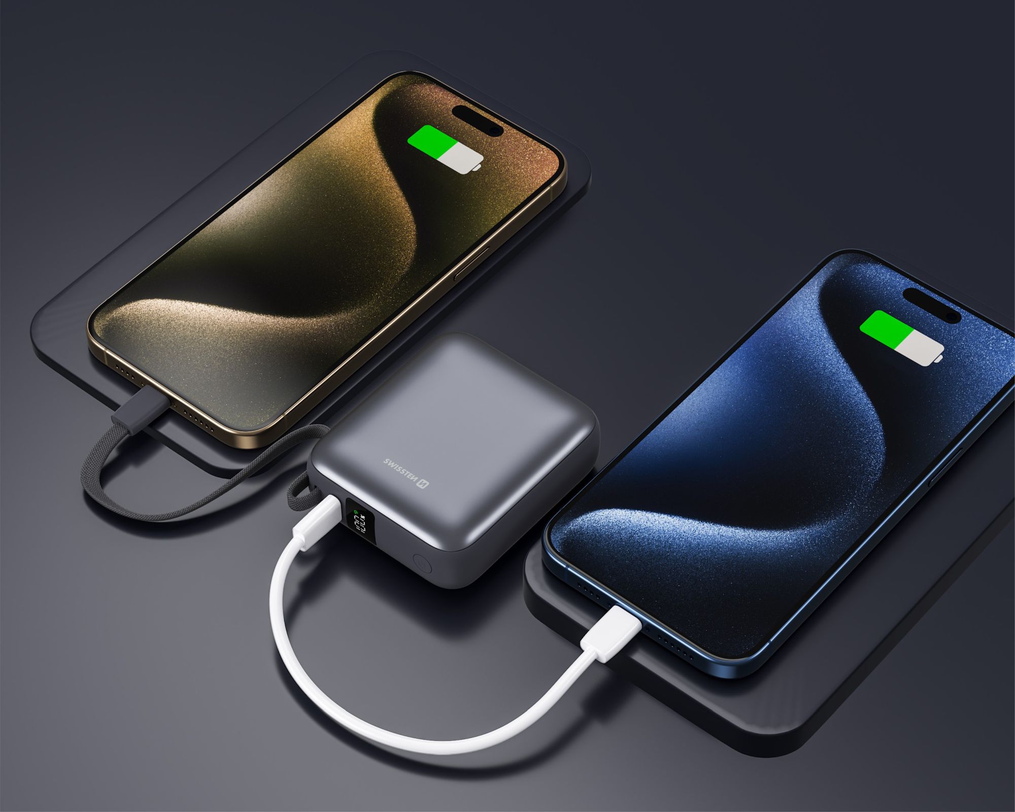 SWISSTEN Powerbanka Space 10000 mAh 35W s integrovaným USB-C kabelem stříbrná