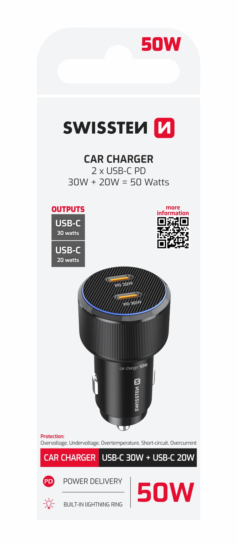 SWISSTEN Autonabíječka 2× USB-C Power Delivery 50W černá