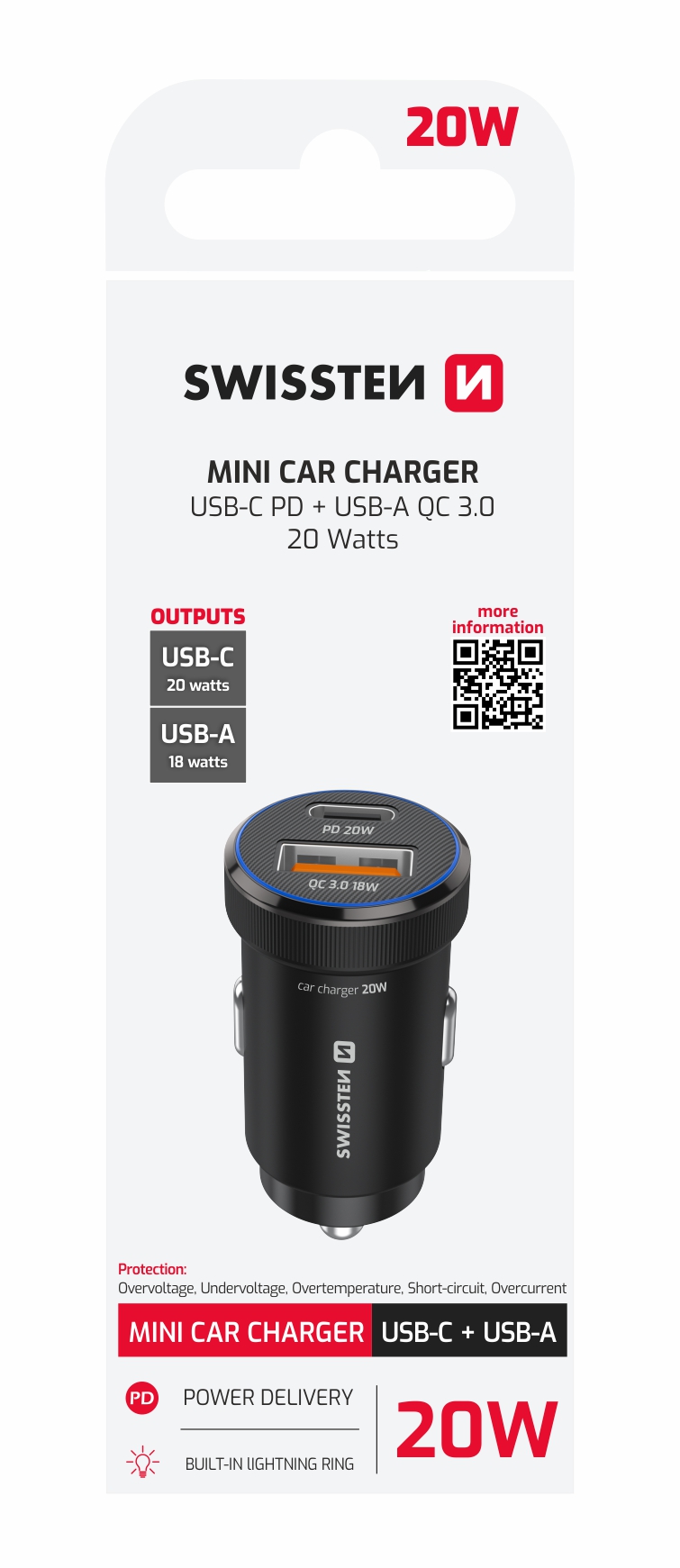 SWISSTEN Autonabíječka USB-C Power Delivery + USB-A Quick Charge 20W černá
