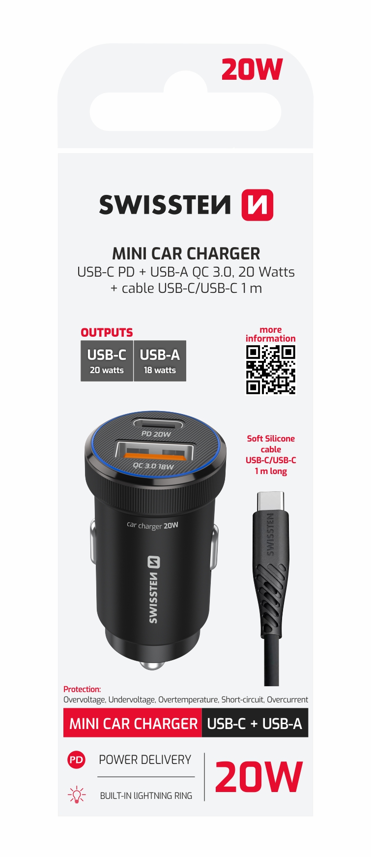 SWISSTEN Autonabíječka USB-C Power Delivery + USB-A Quick Charge 20W černá + USB-C kabel 1 m