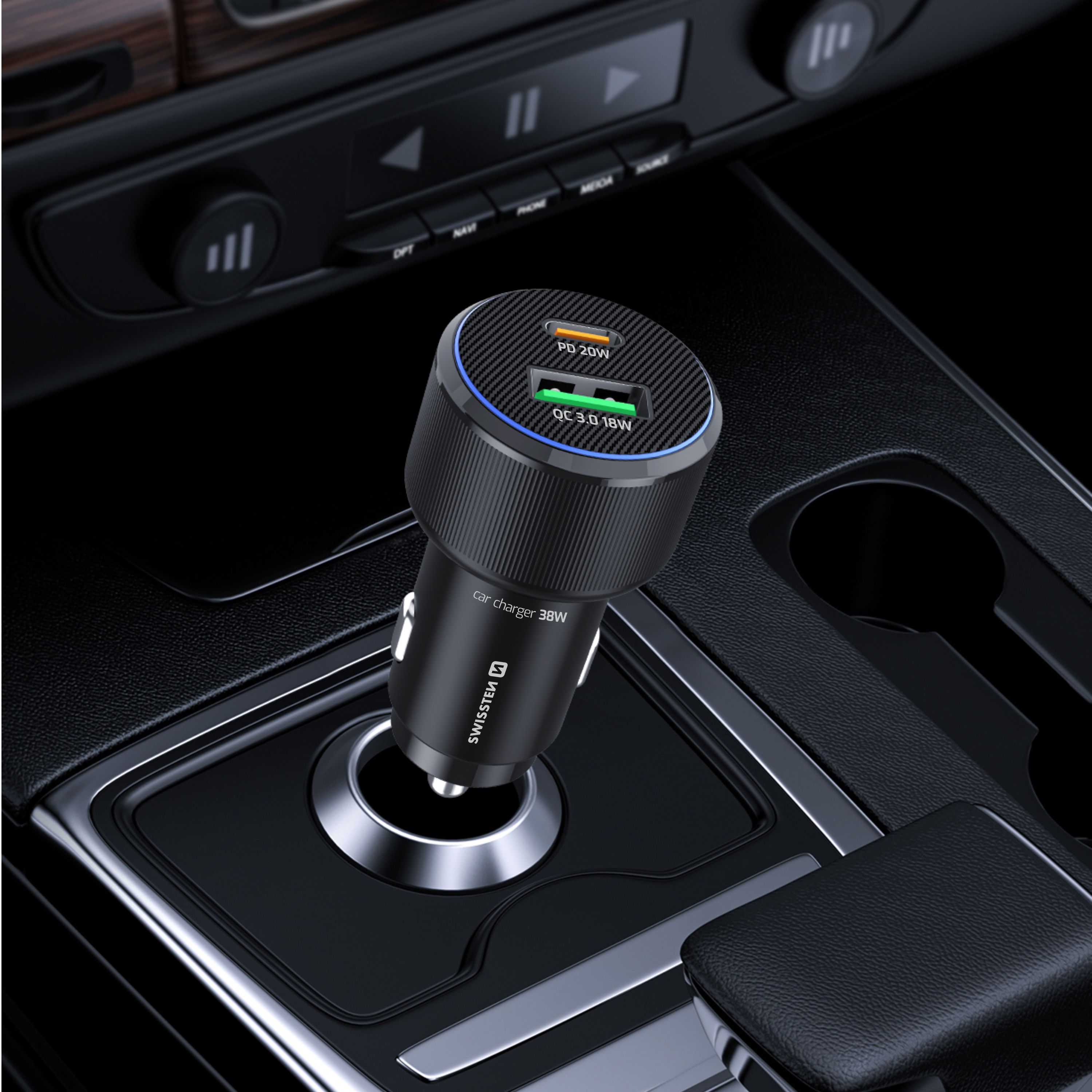 SWISSTEN Autonabíječka USB-C Power Delivery + USB-A Quick Charge 38W černá + USB-C kabel 1 m