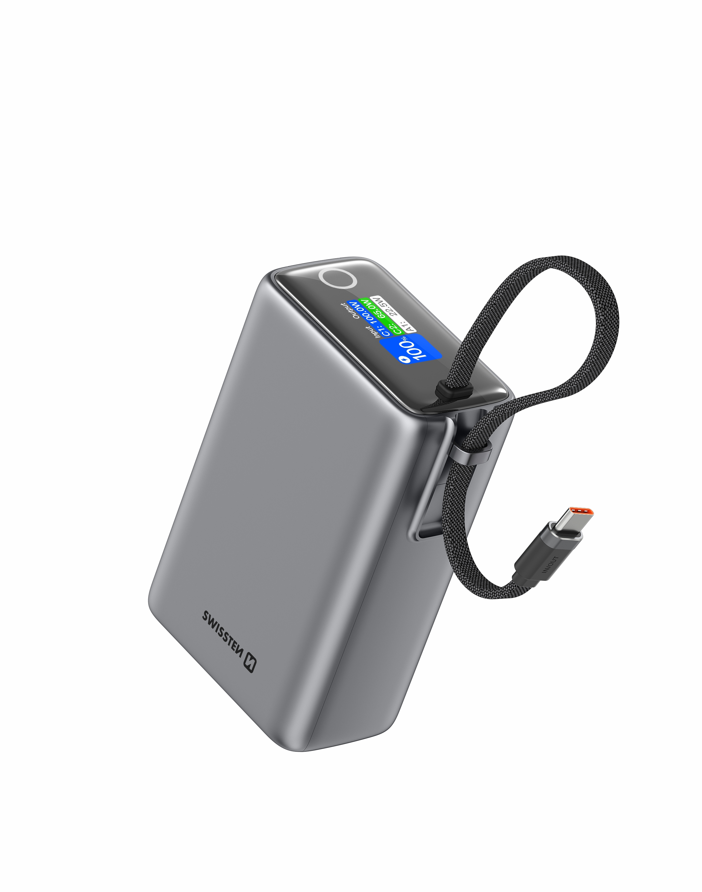 SWISSTEN Powerbanka 25 000 mAh 96,25 Wh 100W s integrovaným USB-C kabelem šedá