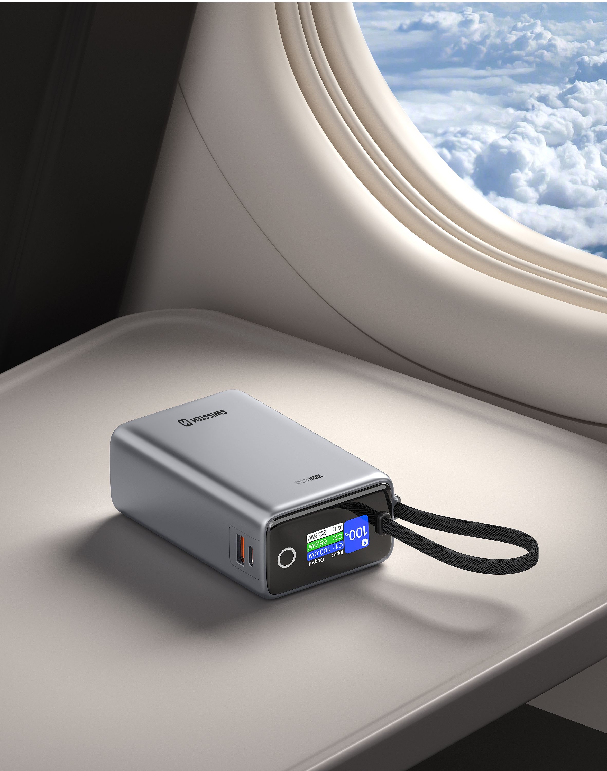 SWISSTEN Powerbanka 25 000 mAh 96,25 Wh 100W s integrovaným USB-C kabelem šedá