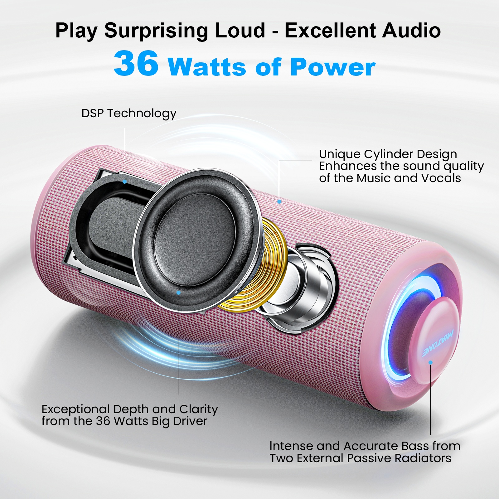Miatone BOOMBOX PRO – voděodolný Bluetooth reproduktor IPX7 30 W s RGB podsvícením růžový