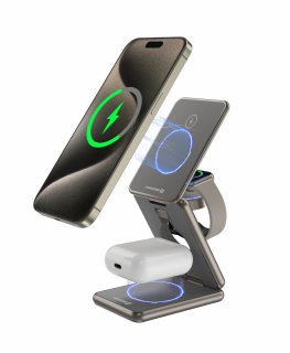 Swissten 3v1 Bezdrátová nabíječka iPhone Apple Watch airpods 23W Magsaffe šedá