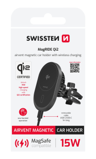 Swissten Magnetický držák na ventilační mřížku s bezdrátovým nabíjením - Magnetický držák s vysokým výkonem a kompatibilitou s MagSafe a Qi2 nabíjením (15W)