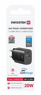 SWISSTEN GaN Síťová nabíječka USB-C 20W PD + USB-A 18W černy