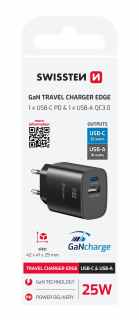 SWISSTEN GaN Síťová nabíječka USB-C 25W PD + USB-A 18W černy