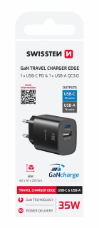 SWISSTEN GaN Síťová nabíječka USB-C 35W PD + USB-A 18W černy