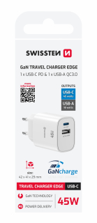 SWISSTEN GaN Síťová nabíječka USB-C 45W PD + USB-A 18W bílá