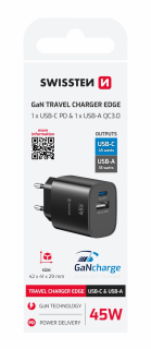 SWISSTEN GaN Síťová nabíječka USB-C 45W PD + USB-A 18W černá