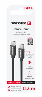 SWISSTEN Textilní datový kabel USB-C / USB-C 0,2m černý