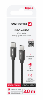 SWISSTEN datový kabel USB-C - USB-C 3m textilní oplet černý